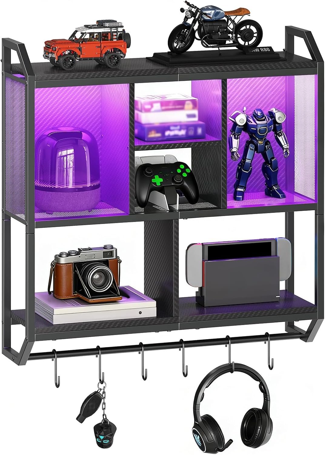 HOOBRO Gaming Floating Shelves with LED Lights, 28.7″ LED Wall Mounted Shelf, 3-Tier Display Rack for Wall Storage, Floating Rack with Hanging Rod and 6 S-Hooks, for Gaming Room, Black BB70DBJ01
