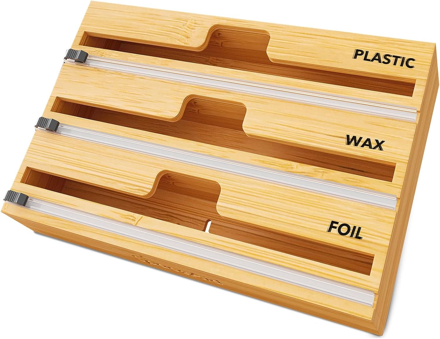 SpaceAid WrapNeat 3 in 1 Wrap Organizer with Cutter and Labels, Plastic Wrap, Aluminum Foil and Wax Bamboo Dispenser for Kitchen Storage Organization Holder for 12″ Roll (Natural)