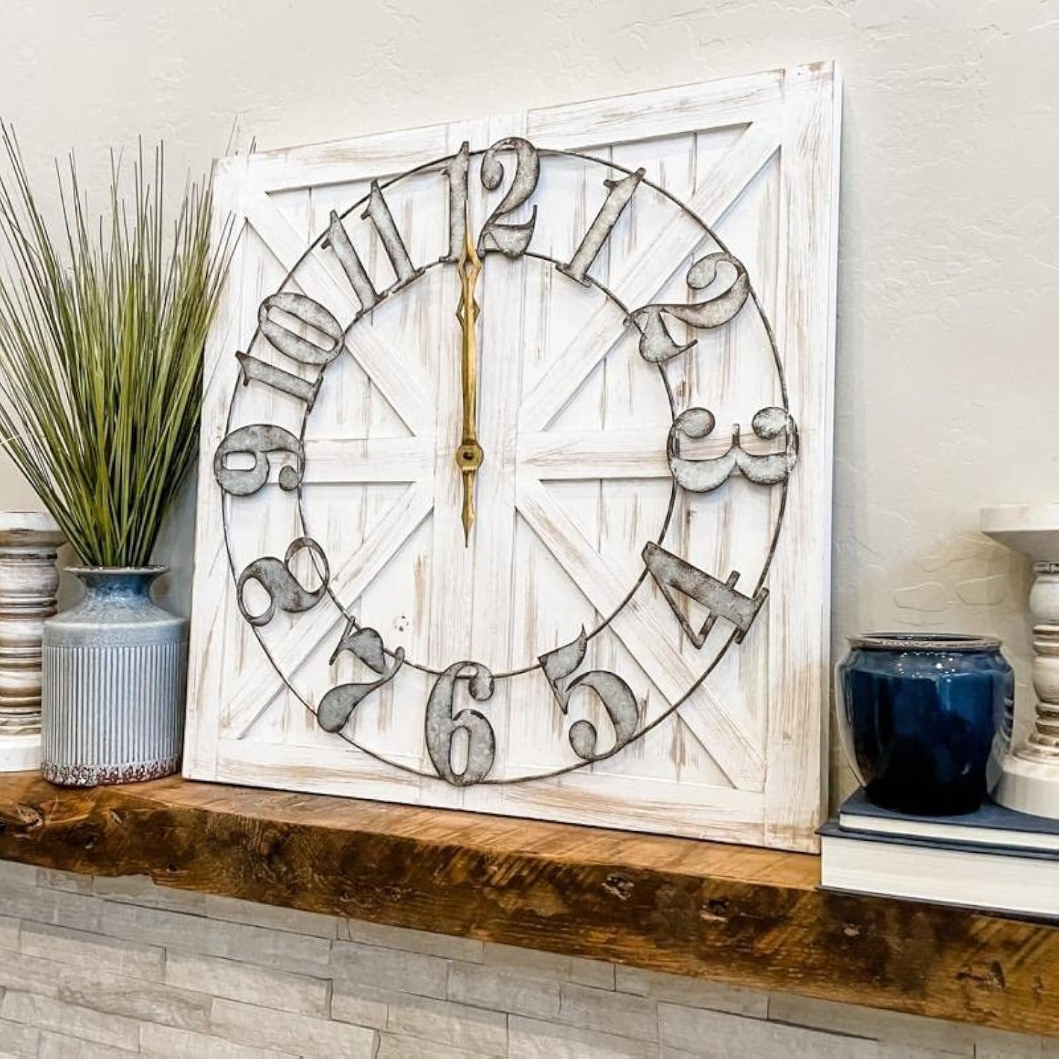 ALBEN Large Farmhouse Wall Clock – 24 inch Square Farmhouse Style Clock Bundled with Decorative Reversible Wooden Sign