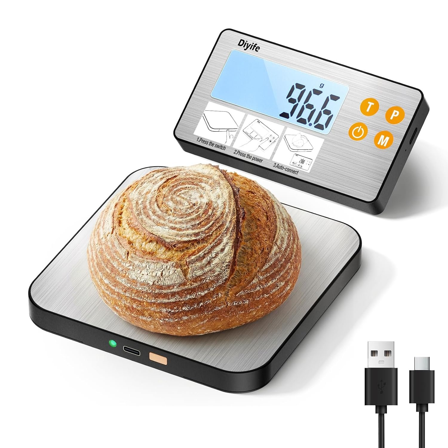 Diyife 33lb Digital Kitchen Food Scales with Split Display, Rechargeable | 1g/0.1oz High Accurate, Food-Grade 304 Stainless Steel, 7 Units, Backlit LCD, for Cooking, Baking, Meal Prep