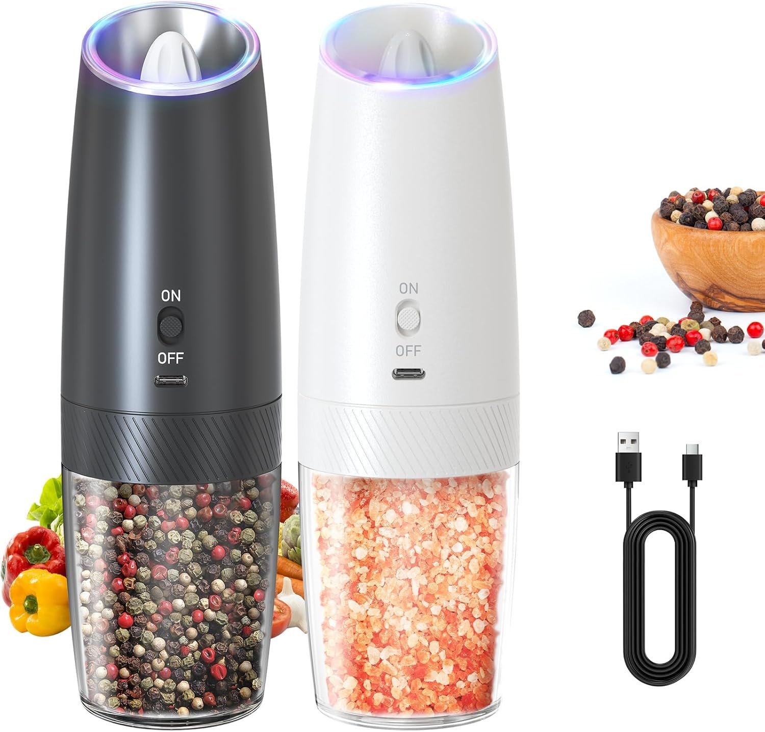 CIRCLE JOY Rechargeable Salt and Pepper Grinder Set Gravity Electric Salt and Pepper Grinder Set, LED Light, Adjustable Coarseness, for Home Kitchen BBQ, Black & White
