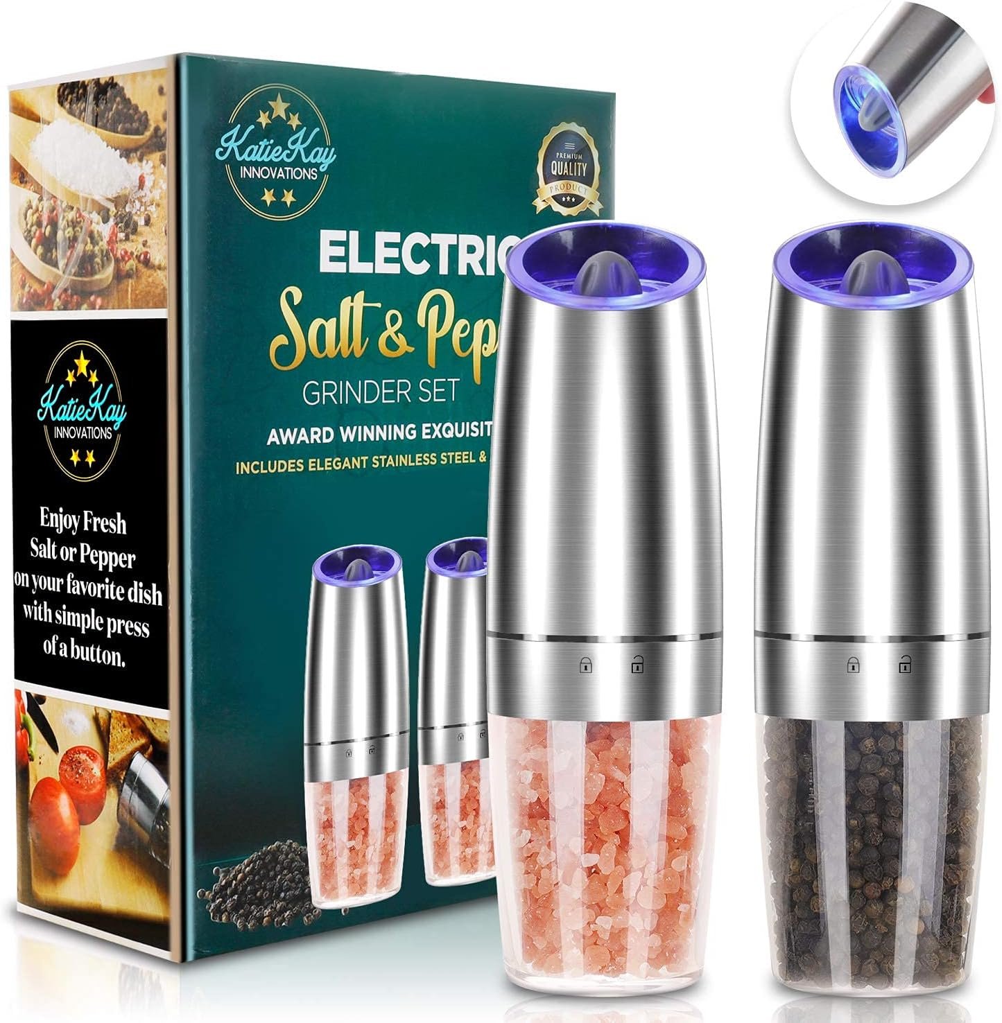 Gravity Salt and Pepper Grinder, Automatic Salt and Pepper Grinder, 2Pack | Electric Adjustable Roughness, Battery Powered, Blue LED Light, Stainless Steel with One Hand Operation (Sliver)