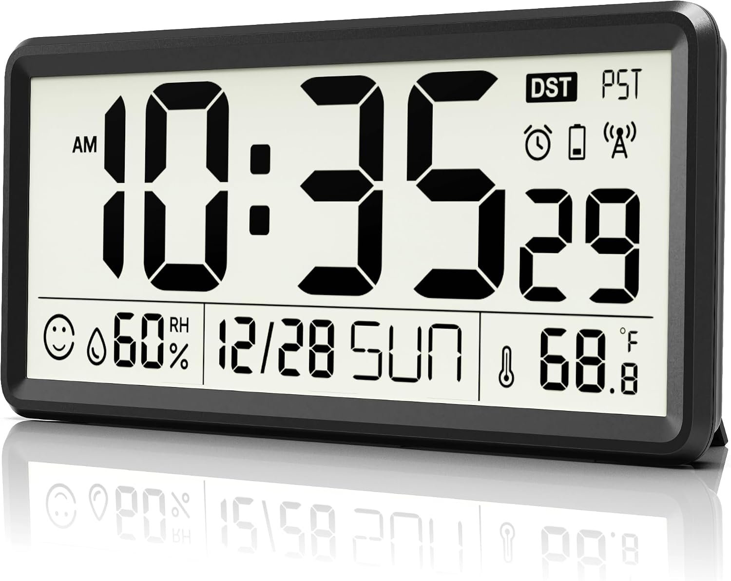 EASYERA 15” Large Digital Atomic Wall Clock Battery Operated, No Backlight | Indoor Temperature and Humidity, Large Display, Self-Setting,Auto DST,for Kitchen/Classroom/Living Room(Battery Not Included)