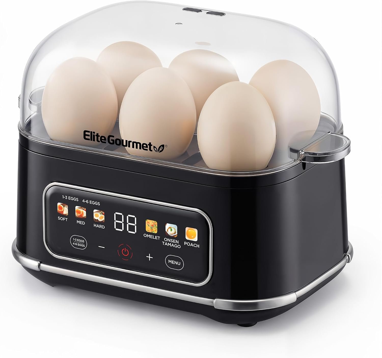 Elite Gourmet Digital Egg Cooker, 6-Egg, Onsen Tamago, Black | One-touch menu cooks soft, medium, or hard-boiled eggs plus poached eggs and omelets – audible alert on/off – auto shut-off