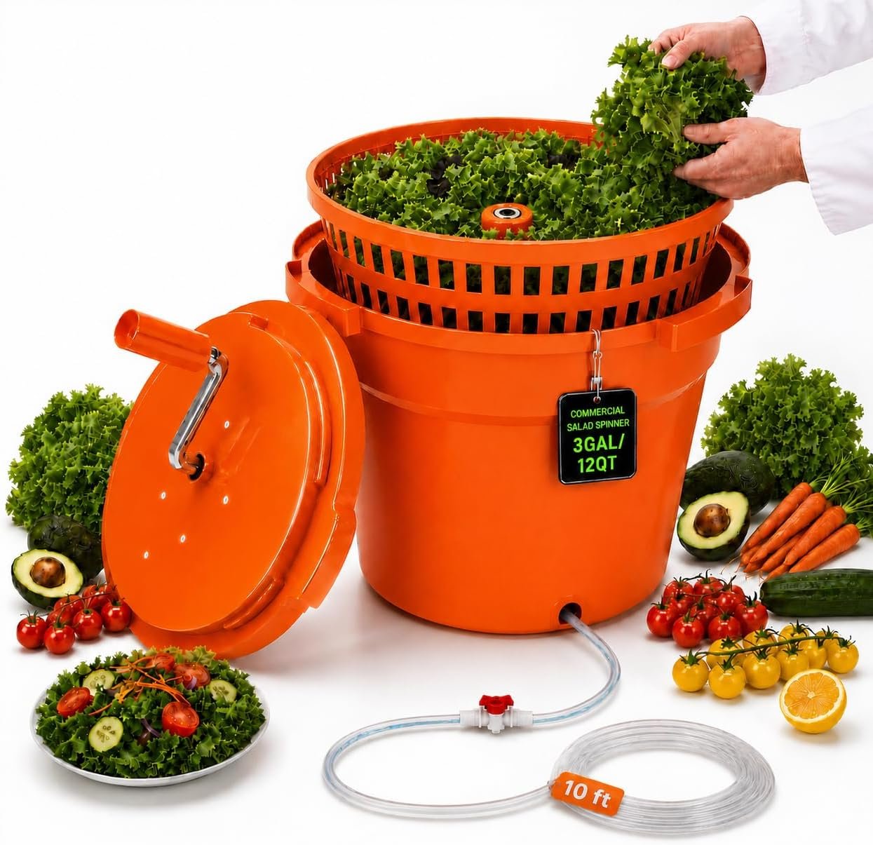 Commercial Salad Spinner – 3 Gallon Large Capacity Lettuce Dryer | 10 Ft Drain Hose & Stop Valve, 12Qt Manual Vegetable Spinner for Restaurants, Catering and Meal Prep