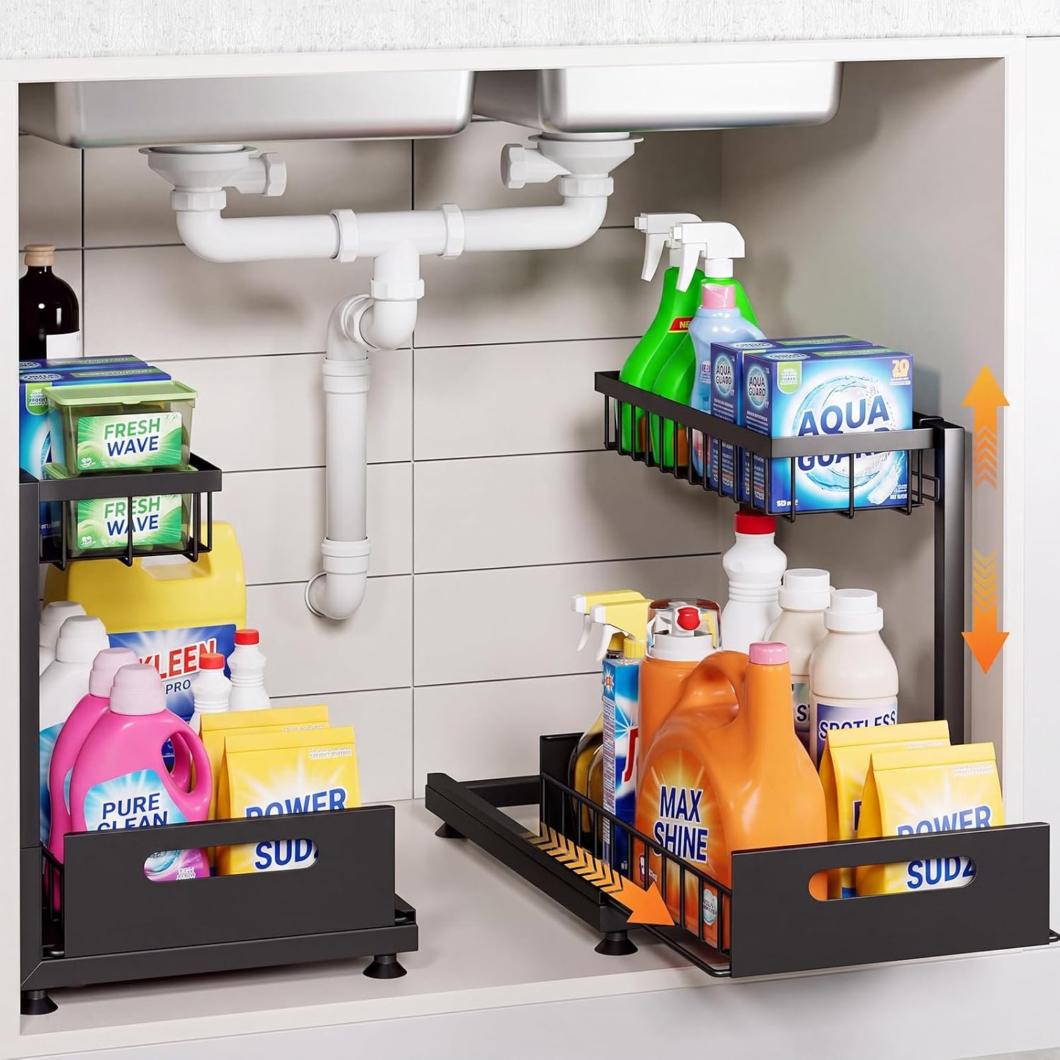 2-Pack L-Shaped Under Sink Organizer, 2-Tier Pull-out Cabinet Rack | Black Height-Adjustable Steel Rack, Sliding Grid Drawers with PP Liners, Holds 100 Lbs, Suction Base, Ideal Kitchen Storage