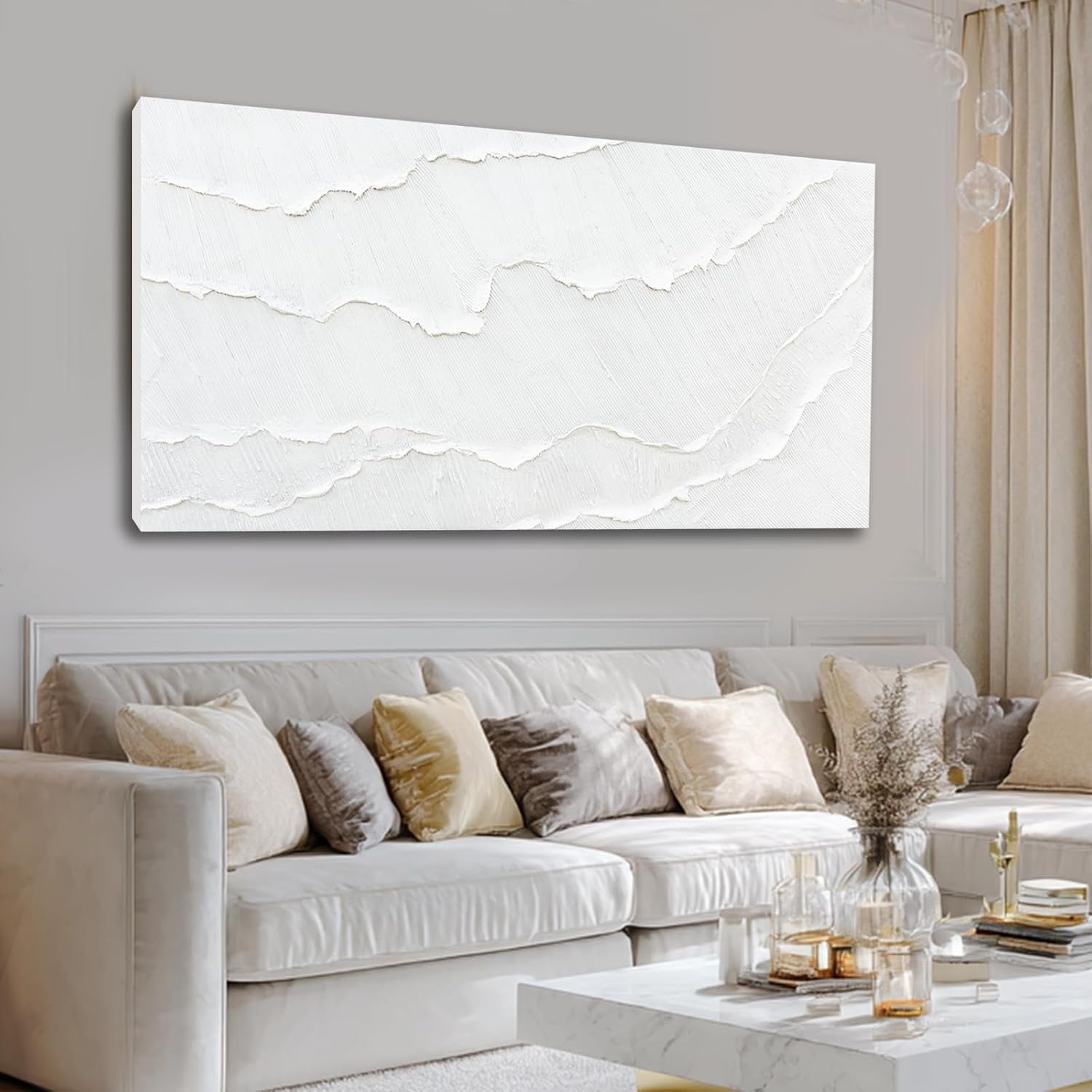 Large White Abstract Textured Canvas Wall Art for Living Room 29×58 Inch