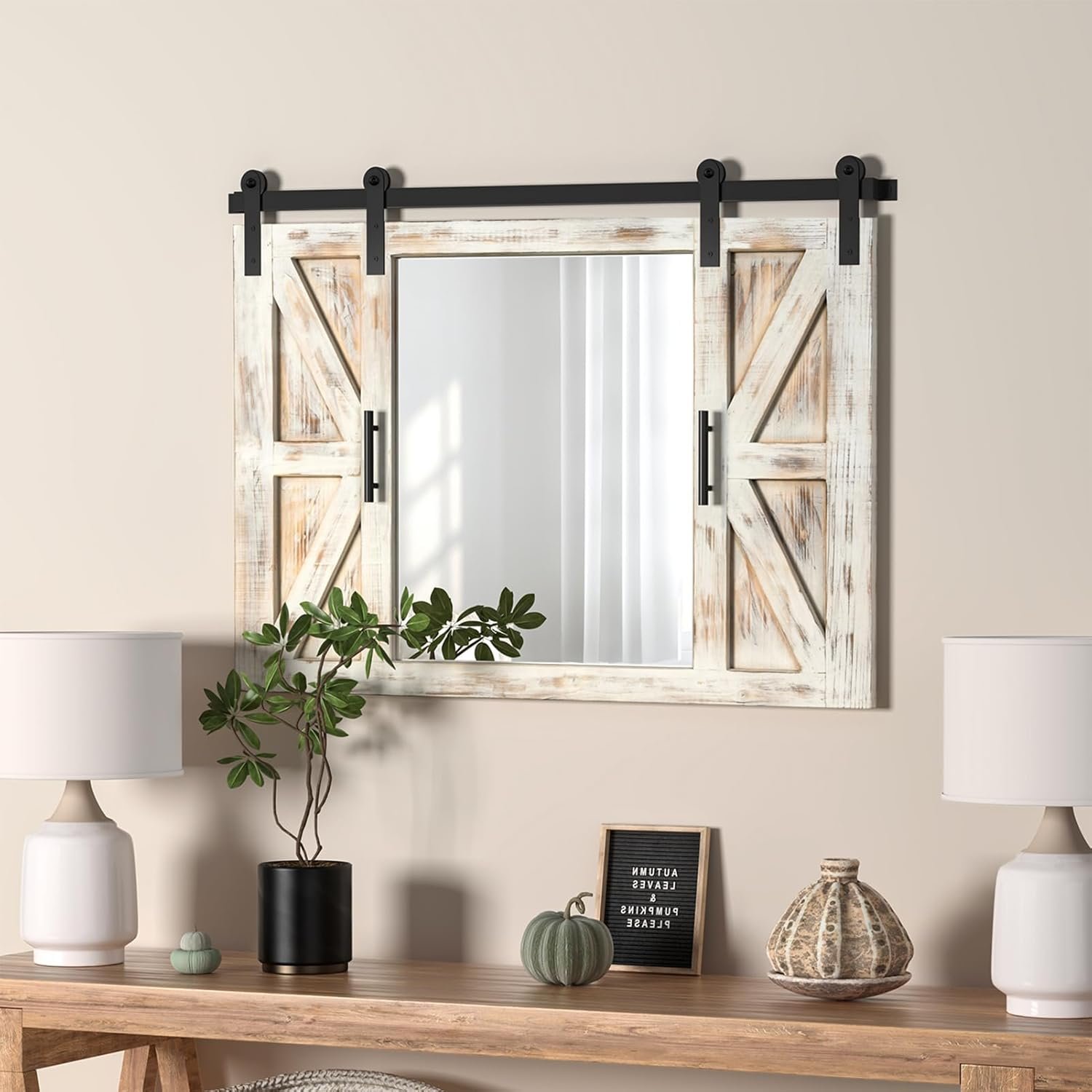 COGOOD Farmhouse Barn Door Mirror – 37″ x 26″ Rustic Wood Framed Mirror Wall Decor for Dining Room, Bathroom, Living Room, Bedroom Decorative, Rustic White