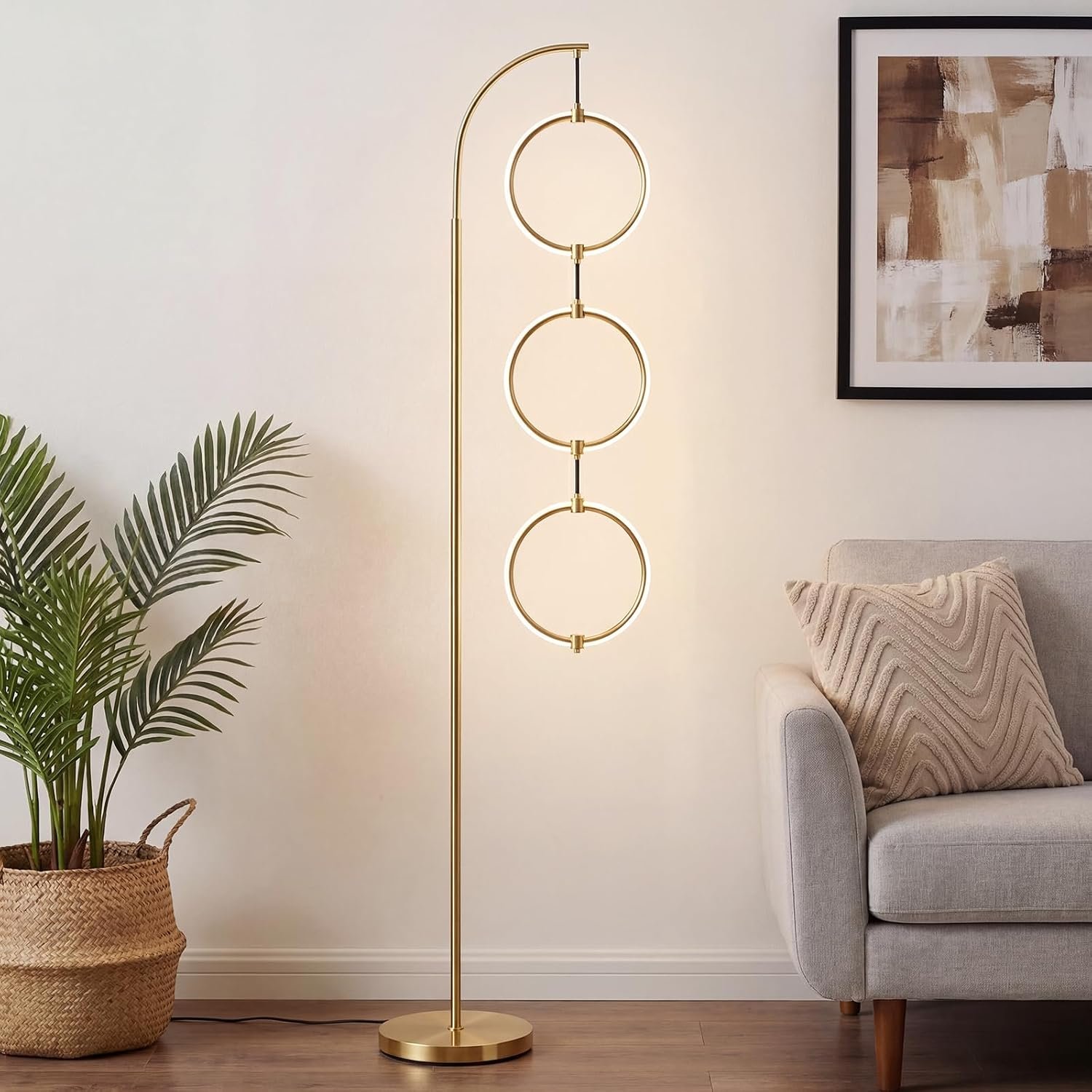 Bairth Gold 3-Light LED Floor Lamp, Modern Arc Floor Lamp for Living Room | Industrial Stepless Dimmable & 3-Way Dimmable Tall Arch Standing Floor Lamp for Reading, Bedroom, Office, Antique Brass