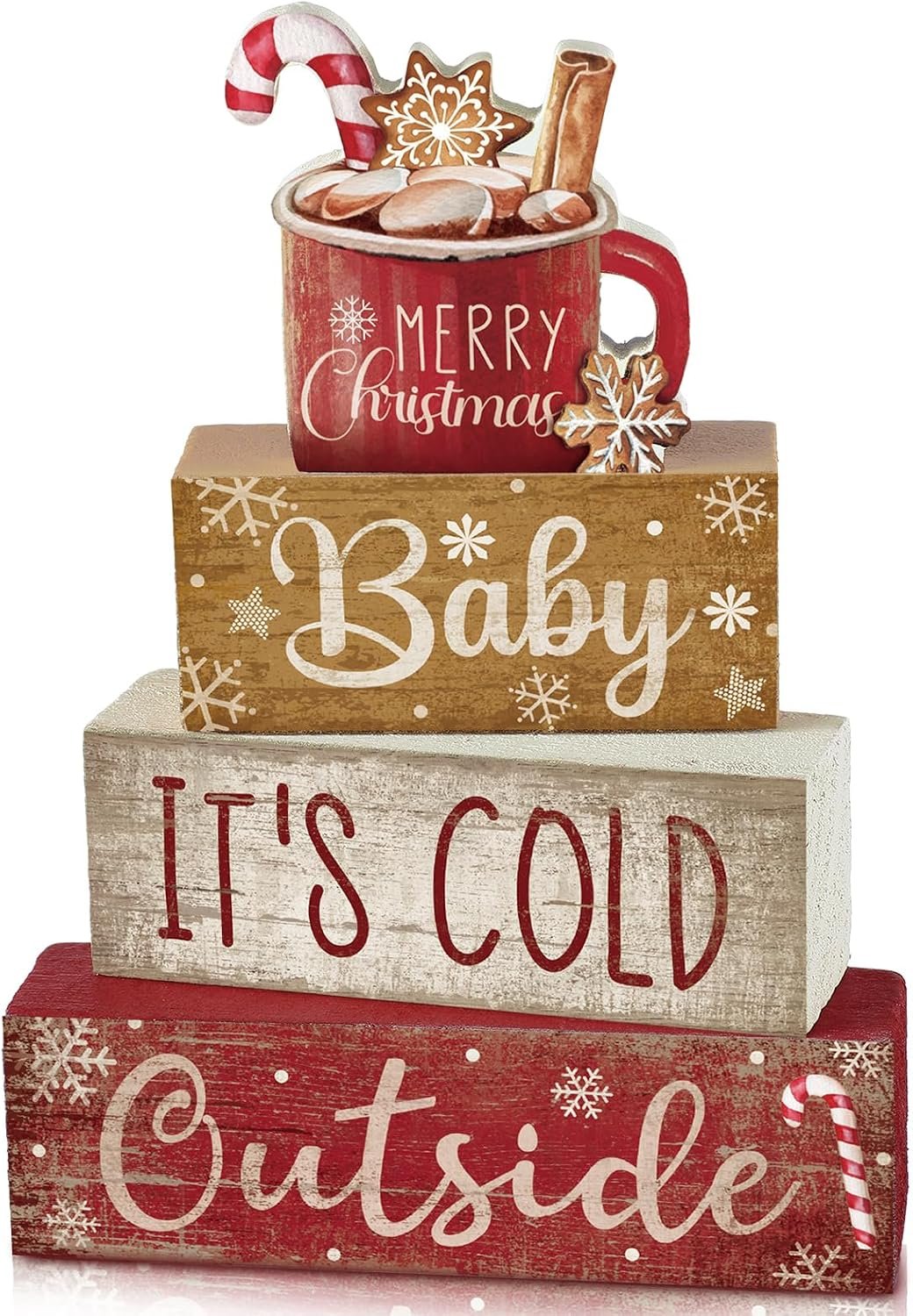Moucuny 4 Pcs Christmas Table Decor Wooden Hot Cocoa Decoration Christmas Centerpiece Winter Tiered Tray Decor Decorative Red Hot Cocoa Block Signs Gift Farmhouse Xmas Decoration for Home Kitchen