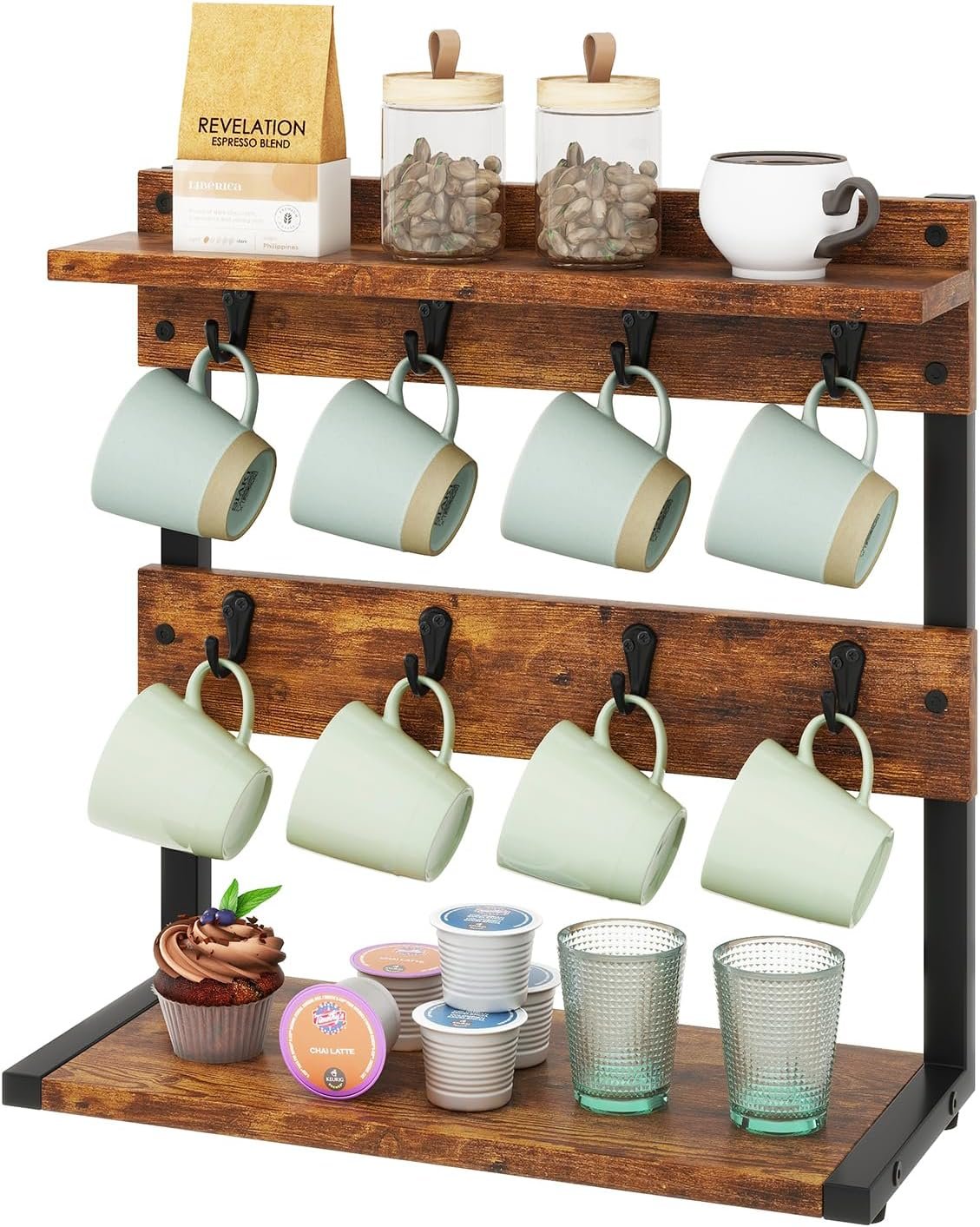 IBUYKE Countertop Mug Tree,Coffee Mug Cup Holder,Brown TBJ002H | Coffee Cup Holder Mug Display Organizer Mug Holders for Home Station Organizer Mug Stand Rack for Countertop Kitchen