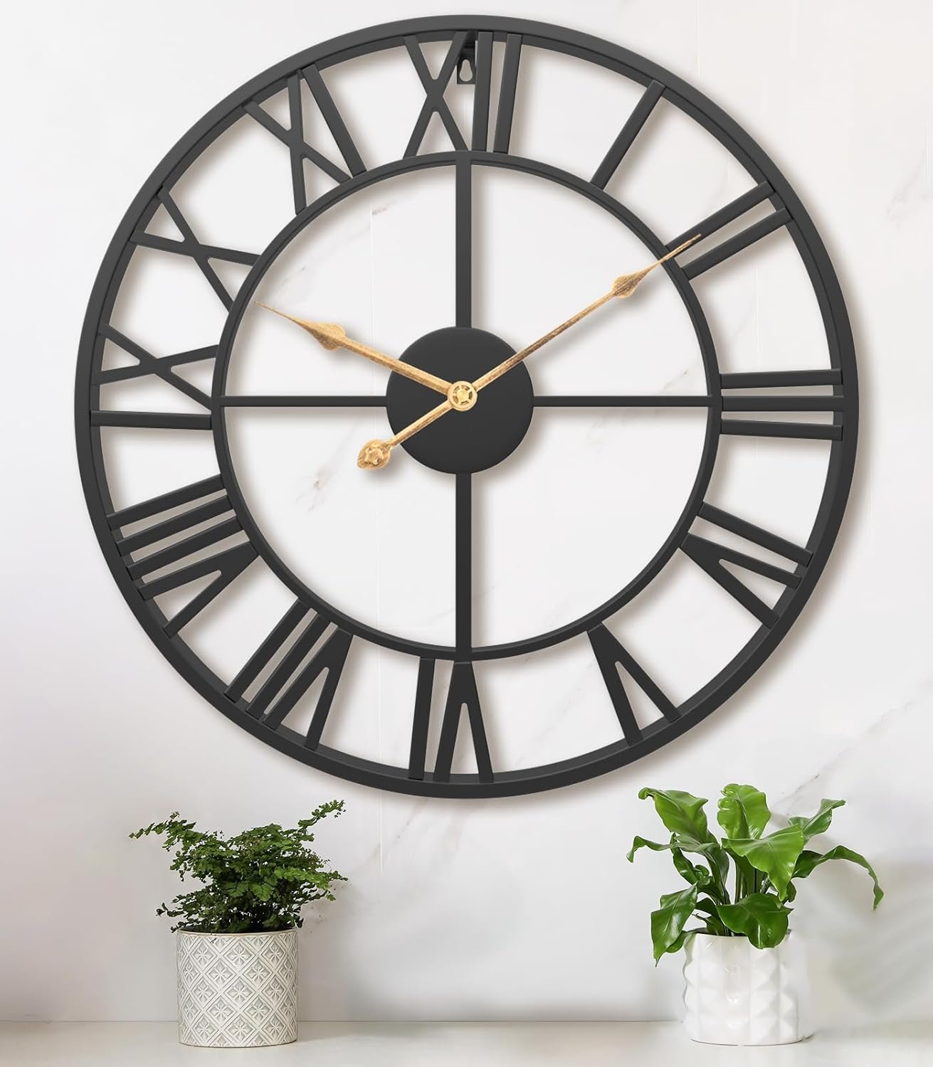 Pytha Sight 24 Inch Roman Numerals Large Wall Clocks for Living Room Decor | 24 Inch Black Large Metal Modern Decorative Oversized Round Wall Clock with Vintage Gold Hands for Dining Room,Entryway Decor