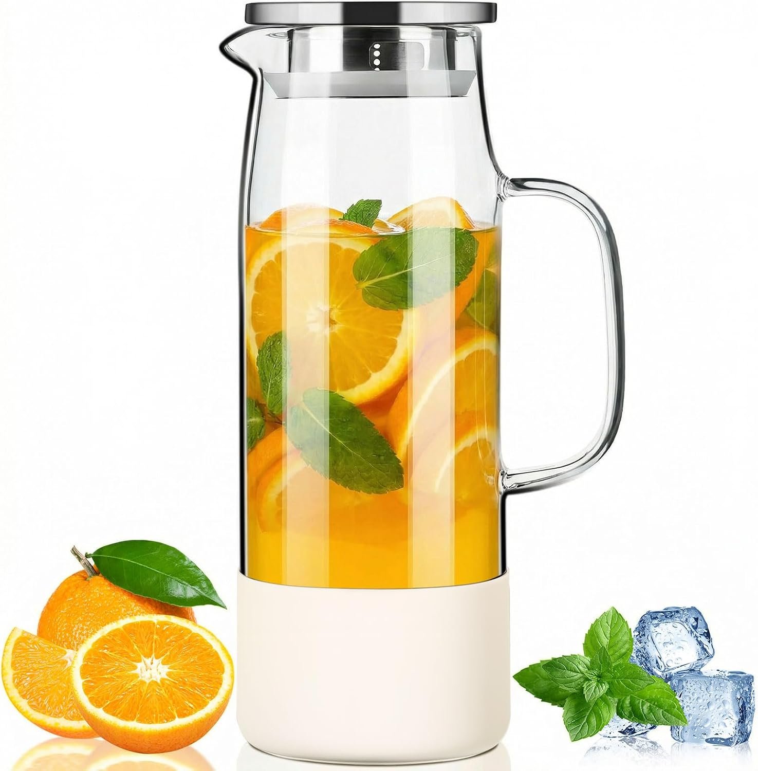 Baalaka Glass Pitcher with Lid and Handle, 50 fl oz Glass Carafe | Borosilicate glass carafe with lid and silicone base stores tea in fridge; dual openings strain fruit and ice.
