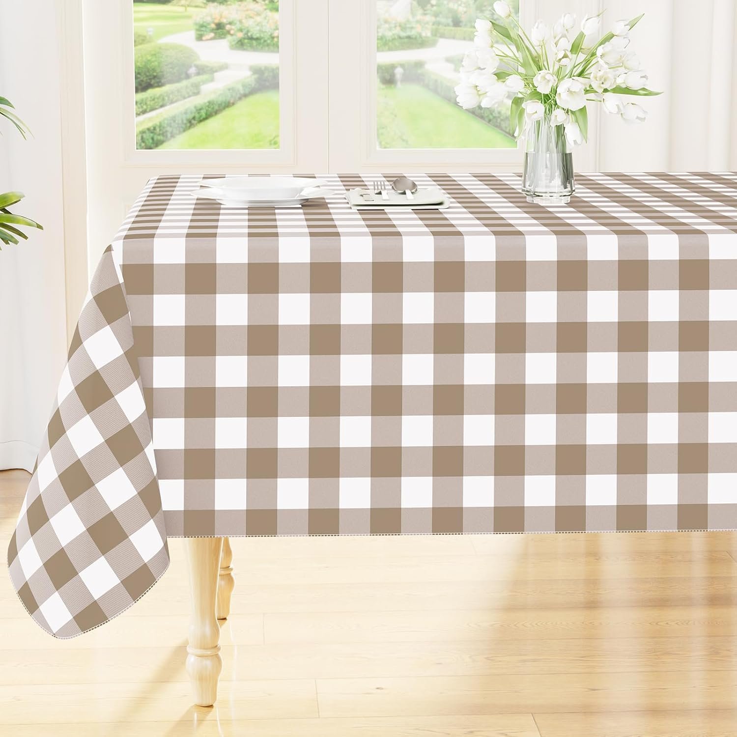 Smiry Rectangle Table Cloth, Waterproof Vinyl Tablecloths with Flannel Backing, Wipeable Buffalo Plaid Table Cover for Picnic, Indoor and Outdoor (Khaki & White, 60″x84″)