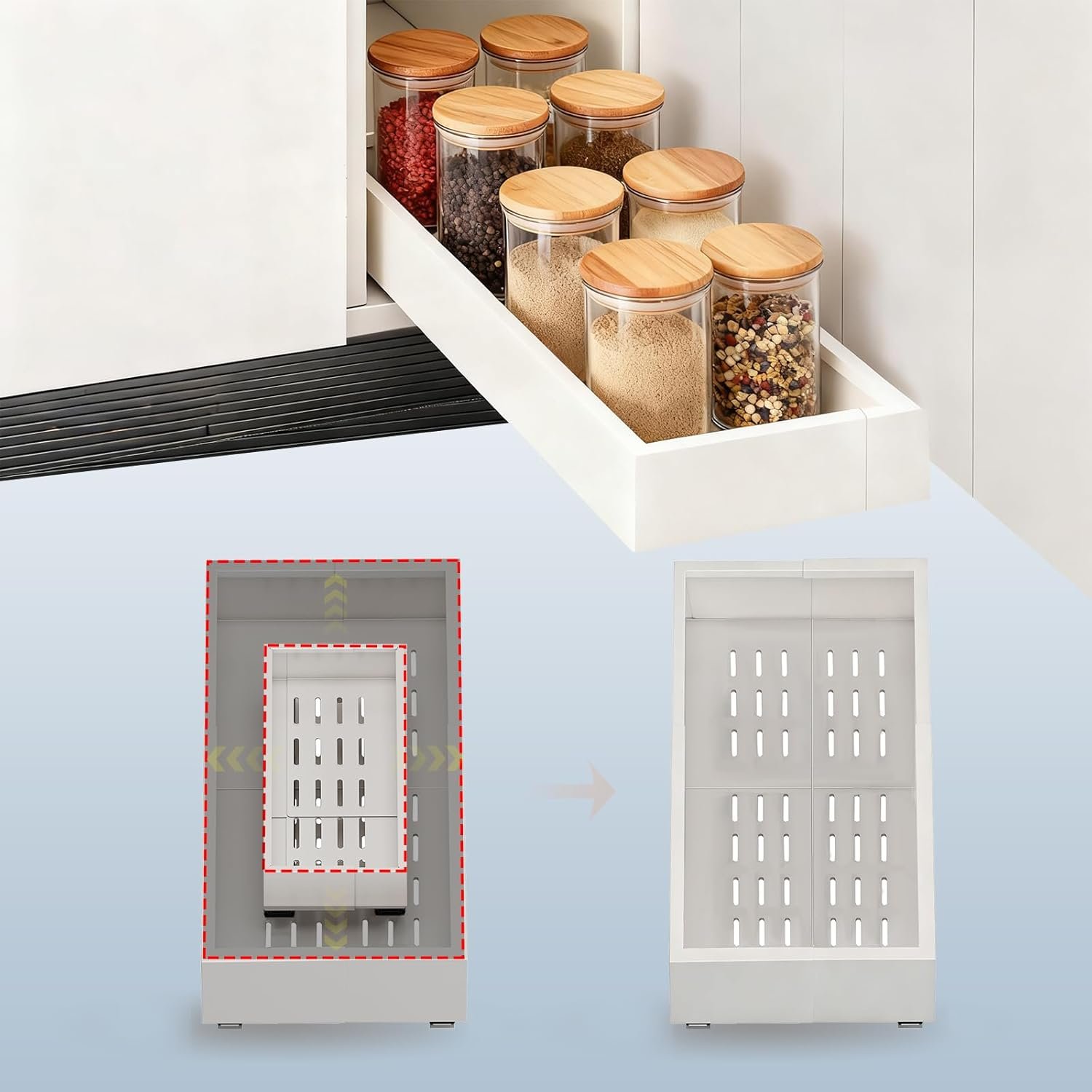 Fokyfok Pull out Cabinet Organizer,7″-11″W, 17″-24″D,Expandable,Adhesive | No Drill,Adjustable Slide out Drawers for Kitchen,Pantry,Roll out Shelves,for Cabinets Without Lip,Bathroom,White,1PC