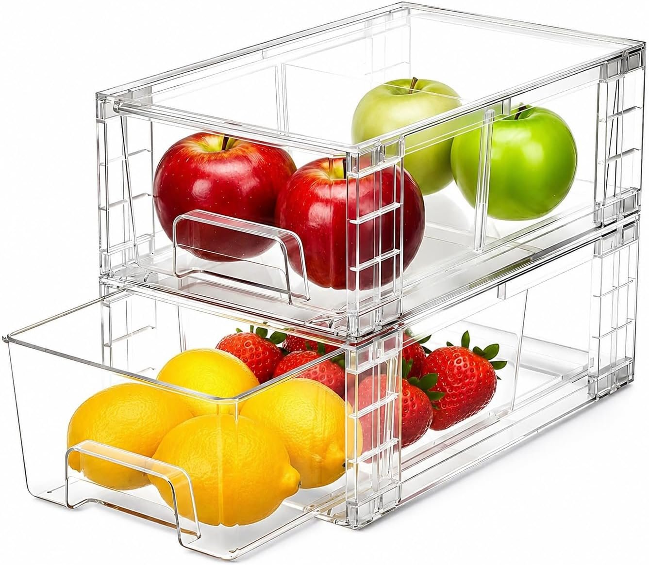 2 Pack Stackable Storage Drawers,Plastic Organizers Bins, Drawers Storage with Handles and Movable Dividers for Organization and Storage in Fridge,Bathroom, Pantry, Kitchen Cabinets, Under Sink