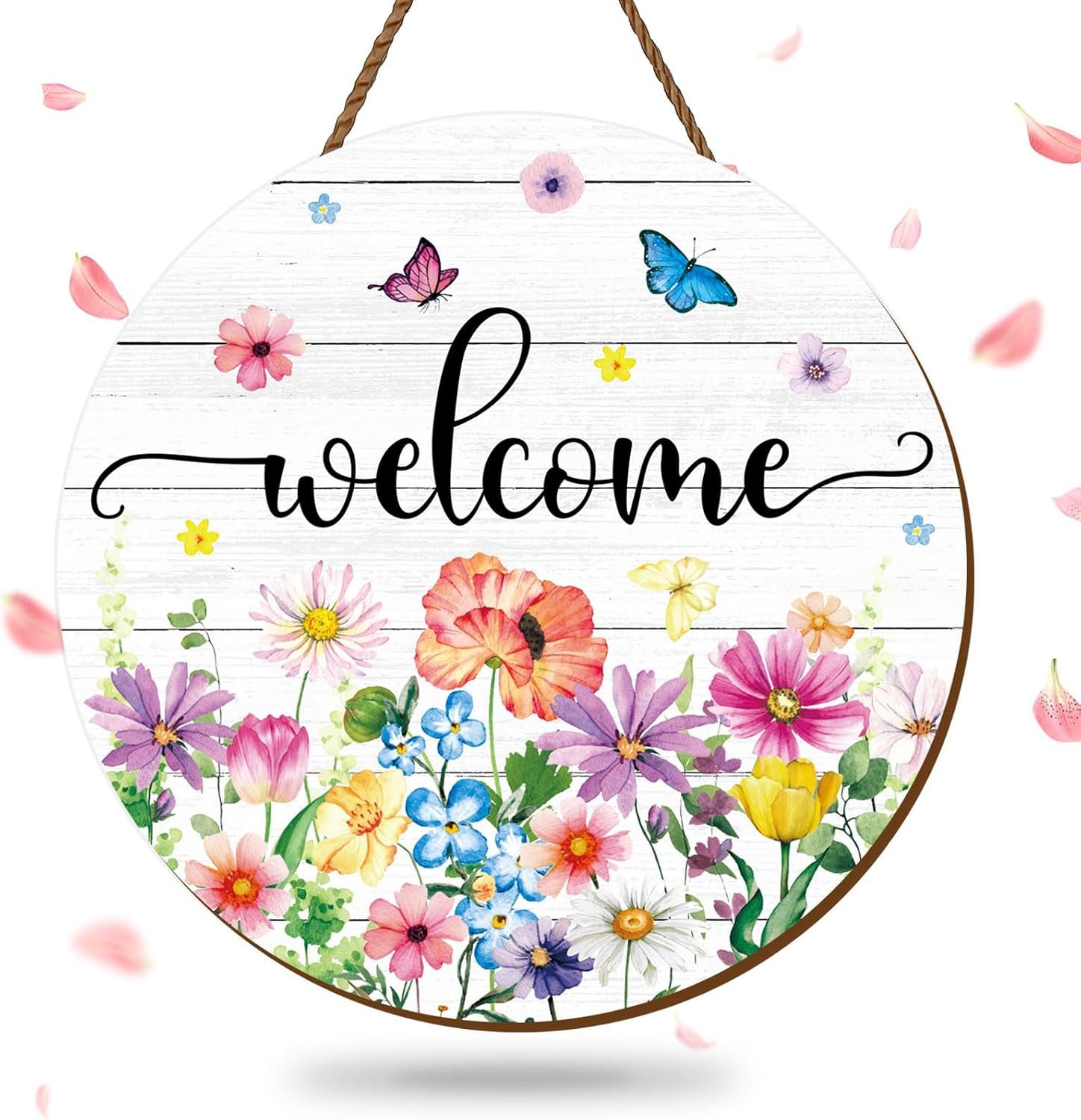 JarThenaAMCS Spring Summer Flower Welcome Door Sign Wildflower Wooden Hanging Sign Floral Butterfly Door Hanger for Indoor Outdoor Farmhouse Home Porch Window Wall Decor