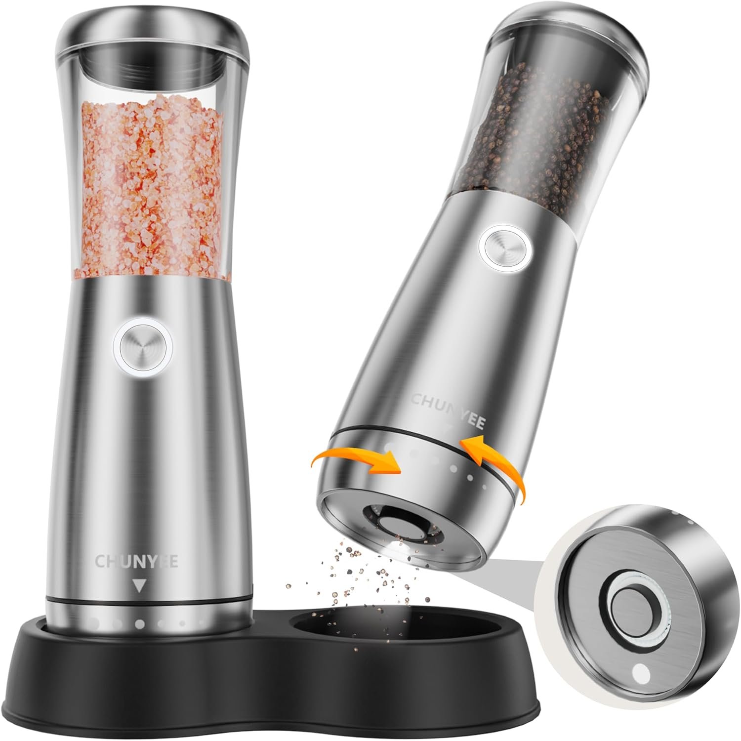 Electric Salt and Pepper Grinder Set – Automatic Stainless Steel Rechargeable Salt and Pepper Grinder Set with Storage Base, Large Capacity, LED Light & Adjustable Coarseness, Ideal Kitchen Gadget