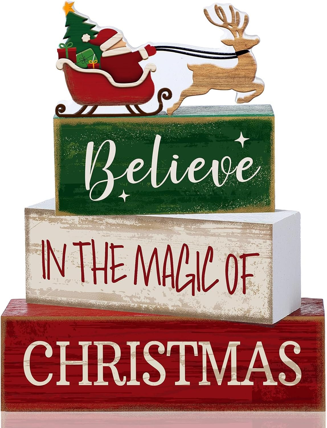 Lineshading 4 Pcs Christmas Table Decoration Santa Claus Wooden Stacked Block Decor Rustic Christmas Tiered Tray Decor Decorative Santa Claus Elk Block Sign Gift Farmhouse for Xmas Party Home Shelf