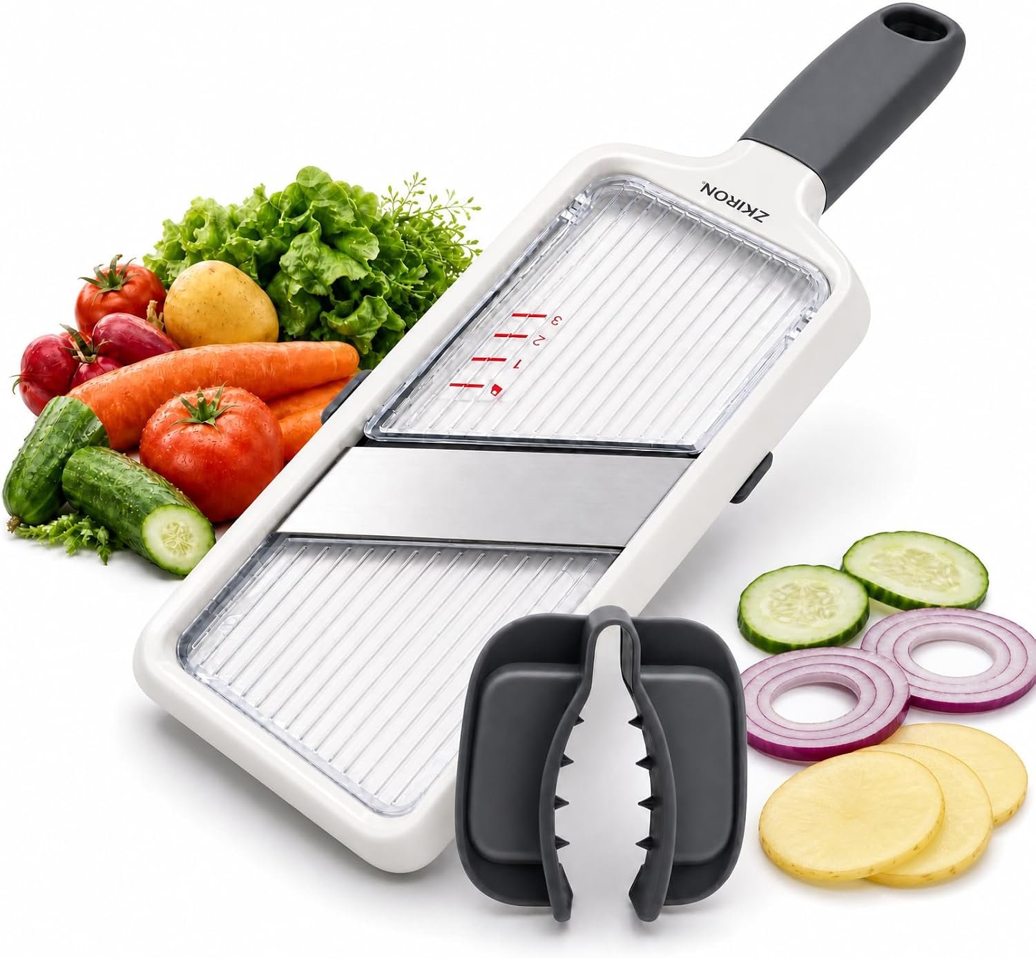 ZKIRON Adjustable Handheld Mandoline Slicer for Kitchen, Ready to Use | 1-3mm Vegetable Slicer with Grip Handle, Hand Guard and Bowl Hook for Cucumbers, Onions, Potatoes and Small-to-Medium Produce