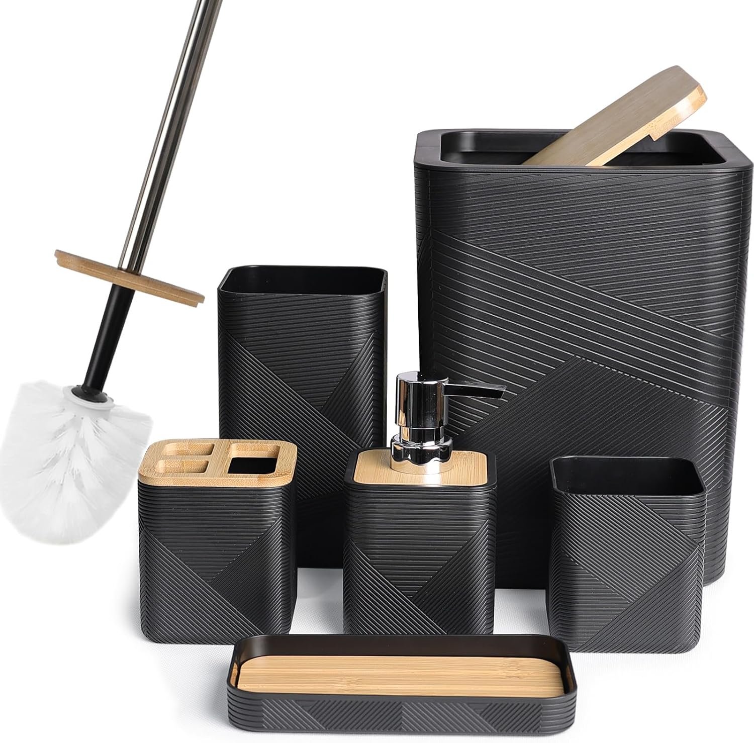 CERBIOR Bamboo Bathroom Accessories Set 6 Piece Square Spiral Set,Black | Includes Soap Dispenser, Toothbrush Holder, Toothbrush Cup, Soap Dish for Decorative Countertop and Housewarming Gift