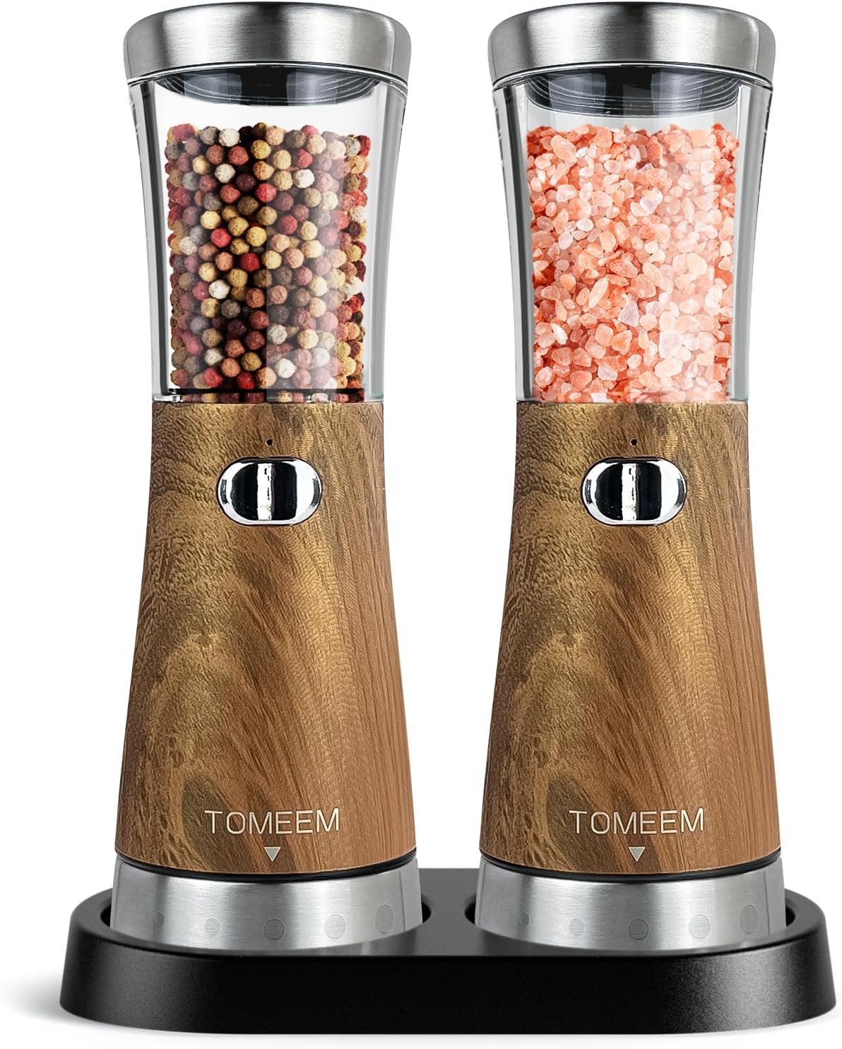 Electric Salt and Pepper Grinder Set with Storage Base, Stainless Steel Rechargeable Salt and Pepper Grinder Set with 4.5 oz Large Capacity, 1.8″ Wide Mouth, Adjustable Coarseness, Ideal for Kitchen