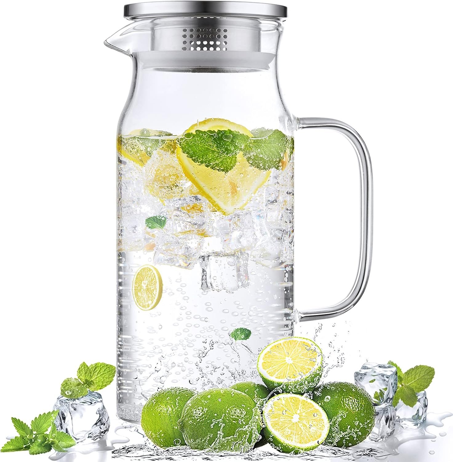 1.2 Liter 40 oz Small Glass Pitcher with Lid and Handle, Glass Carafe for Hot/Cold Water, Iced Tea Jug for Coffee, Juice and Homemade Beverage