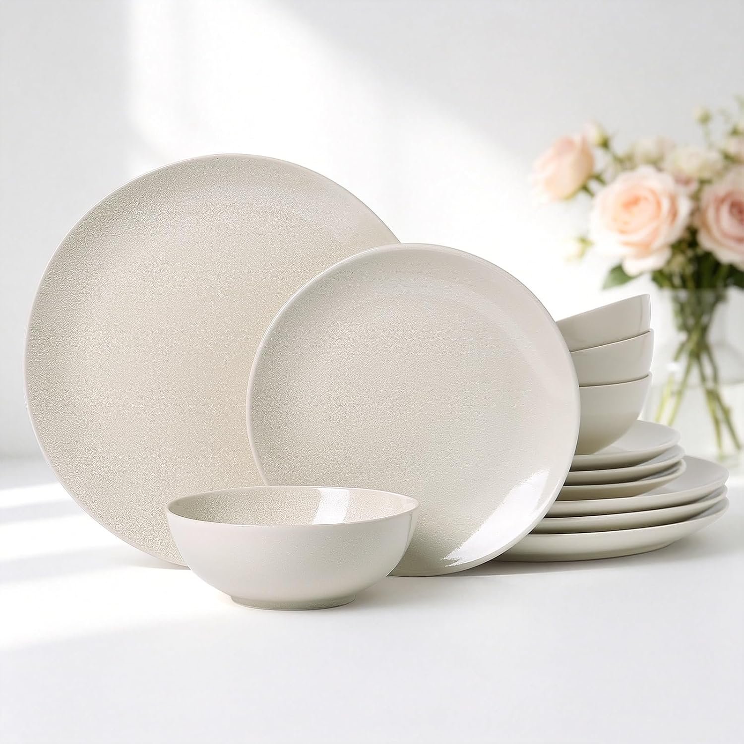 Dinnerware Sets for 4, 12 pcs Reactive Glaze Plates and Bowls Sets, White | Modern Stoneware Dishes, Chip & Scratch Resistant, Dishwasher and Microwave Safe Tableware, Glossy