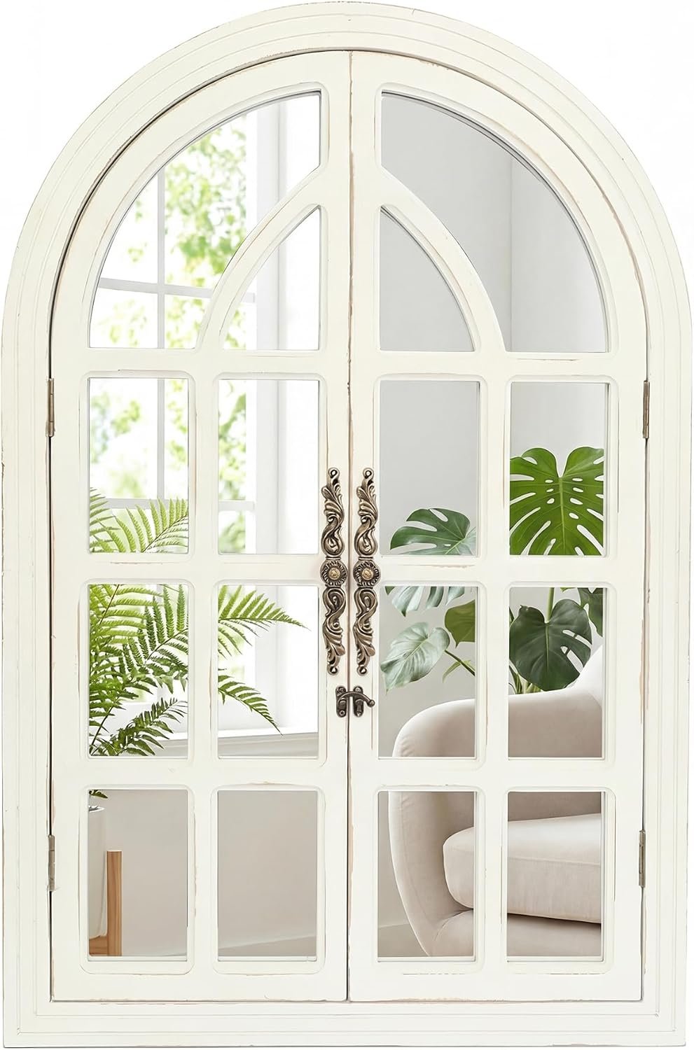 Rustic Farmhouse Arched Wall Mirror 24 Lx 36, Wooden Window Pane Mirror | Vintage Arch Mirror for Living Room, Bedroom, Entryway, Bathroom Decor, Large Rustic White Window Mirror