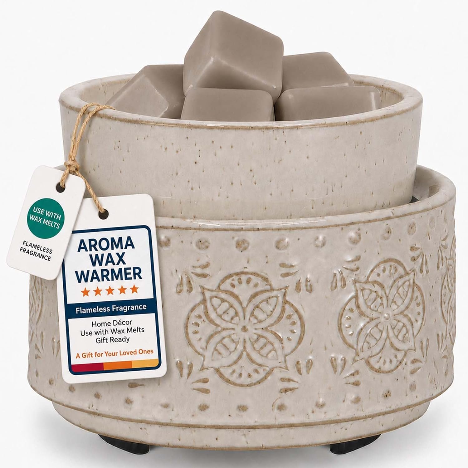 mocosa Ceramic Wax Melt Warmer for Scented Wax Melts 3-in-1 Electric | Fragrance Burner，for Home Office Bedroom，Birthday Gifts for Women，Mother’s Day(Ivory Floral)