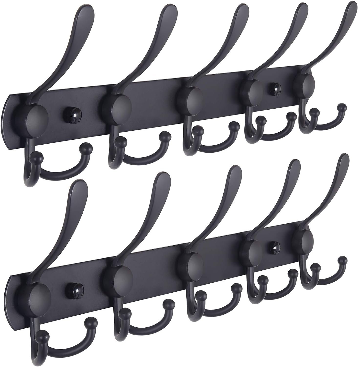 Coat Rack Wall Mounted – 5 Tri Hooks, Heavy Duty, Stainless Steel, Metal Coat Hook Rail for Coat Hat Towel Purse Robes Mudroom Bathroom Entryway (Black, 2 Packs)