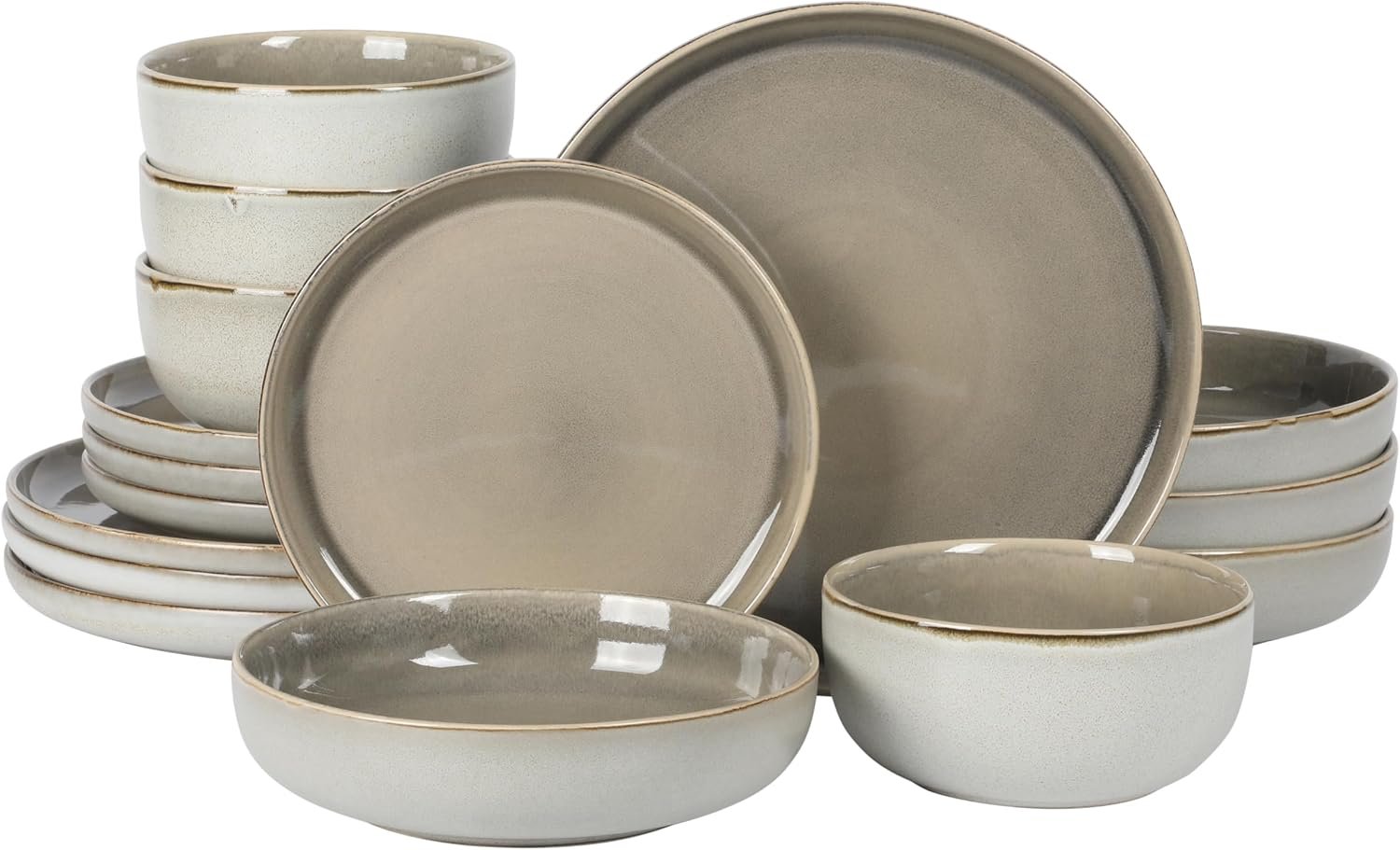 Gibson Elite Sunveil 16 Piece (Service for 4) Plates and Bowls Reactive Glaze Round Dishes Stoneware Ceramic Dinnerware Set – Light Taupe