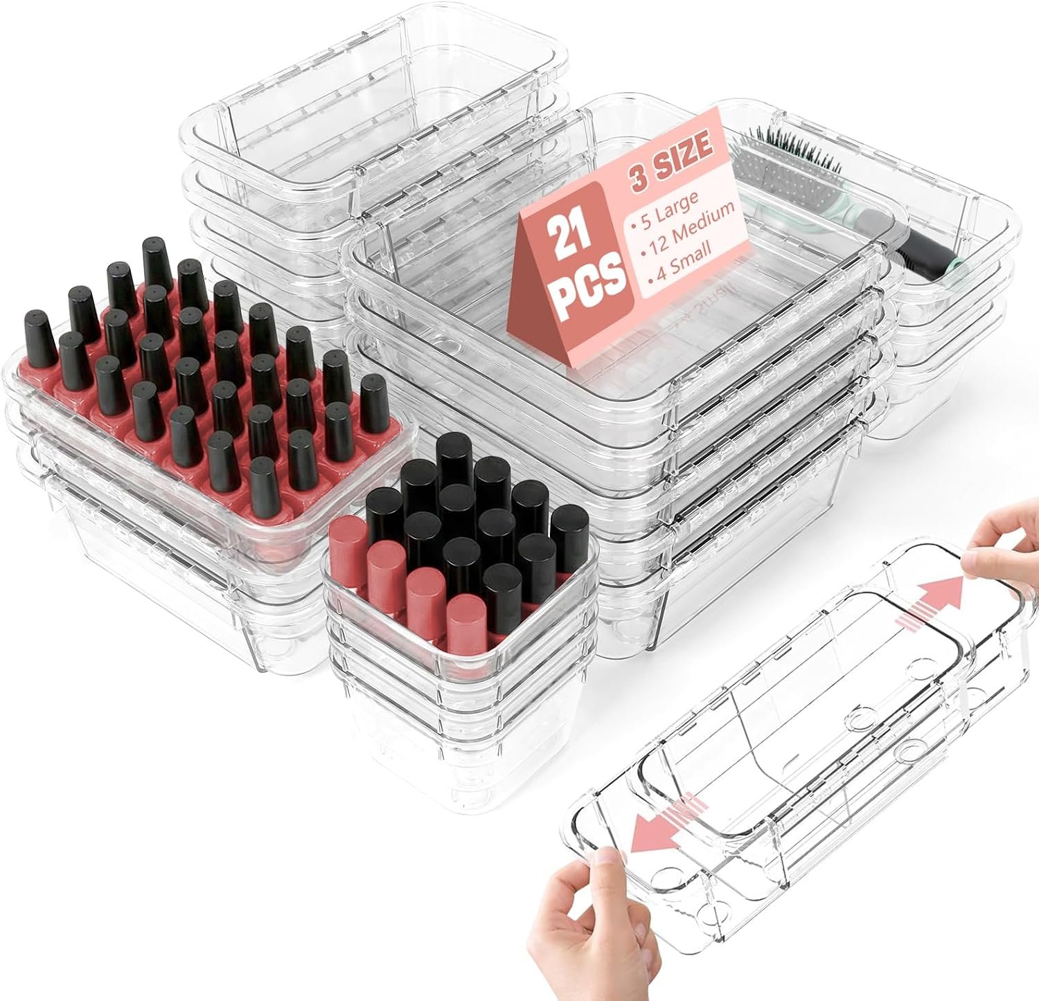 21 PCS Extendable Drawer Organizer Set Clear Stackable Vanity Storage Bins | 3-Size BPA-Free Acrylic Trays, Non-Slip Durable Boxes for Makeup Cosmetics Office Desk Utensils Bathroom Dresser Countertop