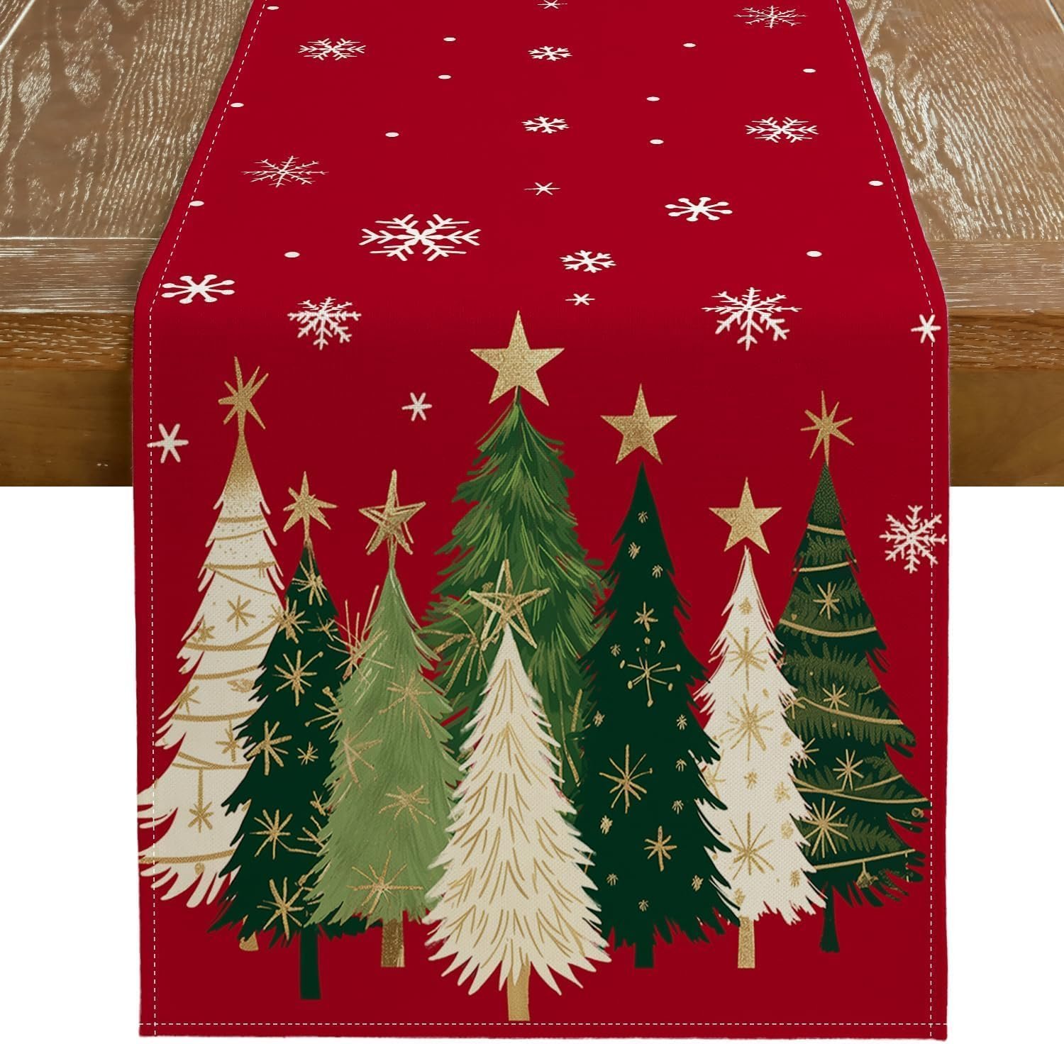 Christmas Table Runner 13×72 Inch, Snowflakes Trees Winter Decor | Holiday Party Decorative Farmhouse Table Decorations, Kitchen Dinning, Indoor Outdoor (Red)