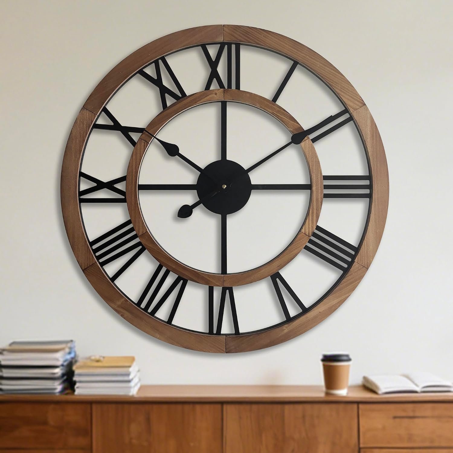 24 Inch Large Rustic Wall Clock Silent Non-Ticking Wooden Wall Clocks with Roman Numerals Farmhouse Decorative Clock for Living Room Bedroom Office (Brown, 24 Inch)