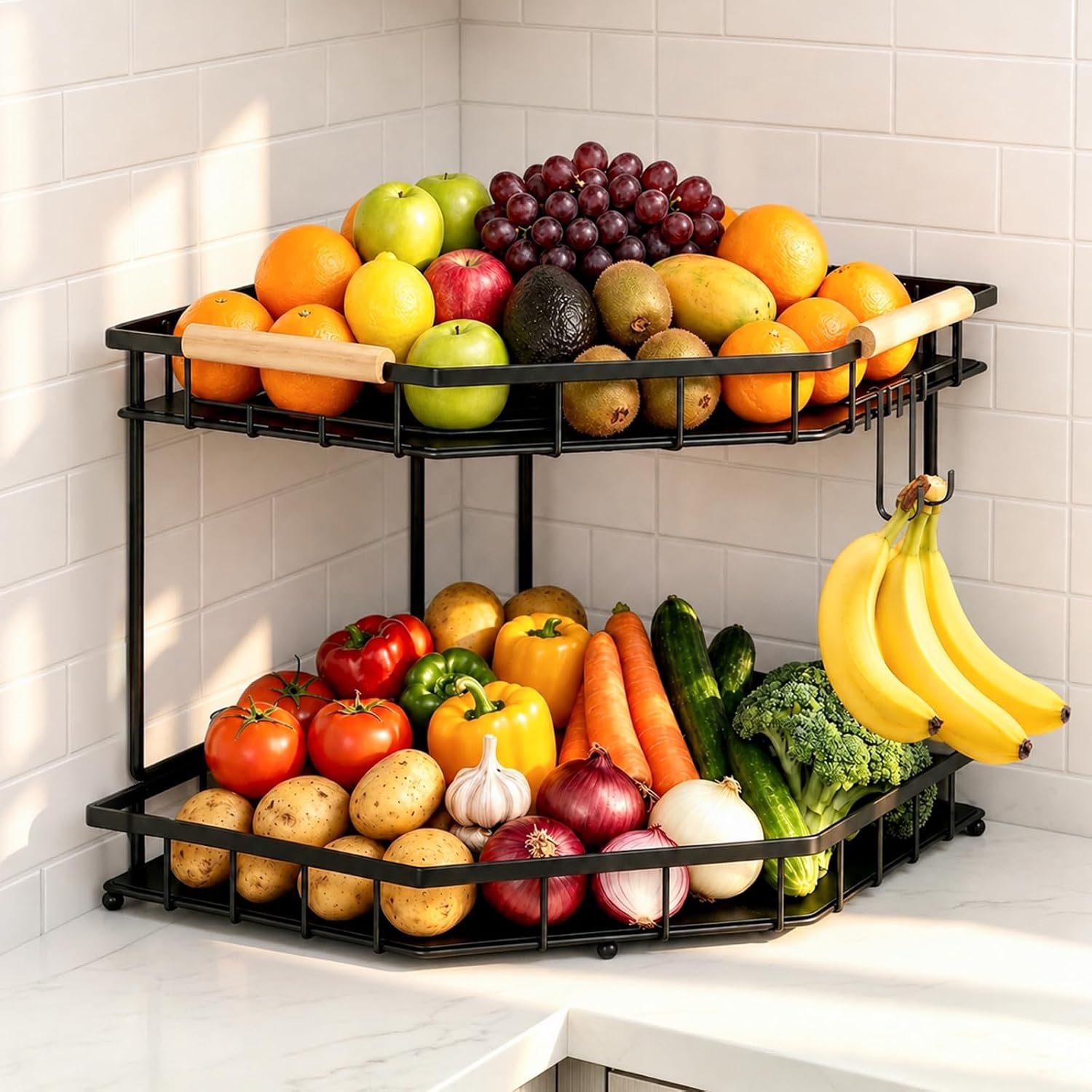 2 Tier Corner Fruit Basket for Kitchen Counter With 2 Banana Hangers | Space-Saving Corner Design, 2 Protective Mats,Wooden Handle,Fruit Holder For Fruit and Vegetable Storage,Counter Fruit Stand