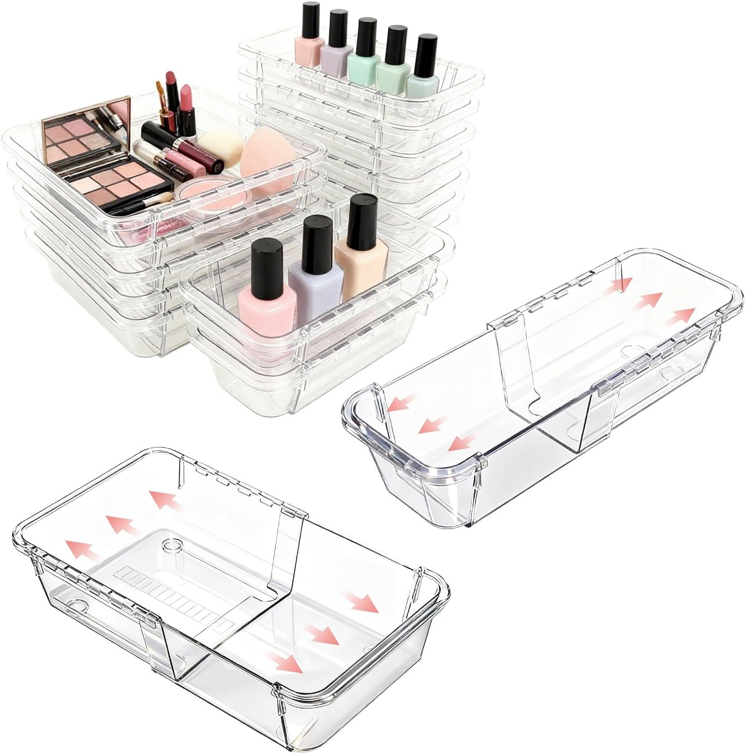 15 Pcs Extendable Drawer Organizer Tray, Adjustable Drawer Storage Bin | 2-size Clear Acrylic Bathroom & Vanity Drawer Organizers for Makeup Cosmetic Kitchen Utensils, Dresser Desk Drawer Storage