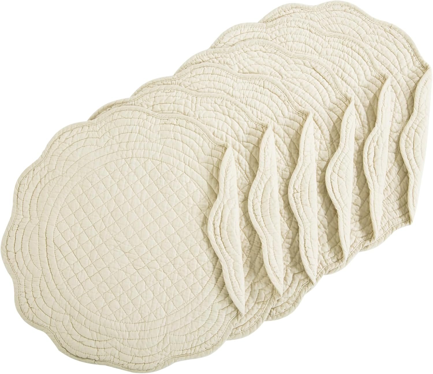 HOMBYS Quilted Placemats Set of 6 Washable Round Placemats for Kitchen Table-100% Cotton Fabric 14 Inch Round Table Mats, Cotton Fabric with Microfiber Filling, (14″x14″, Flax)