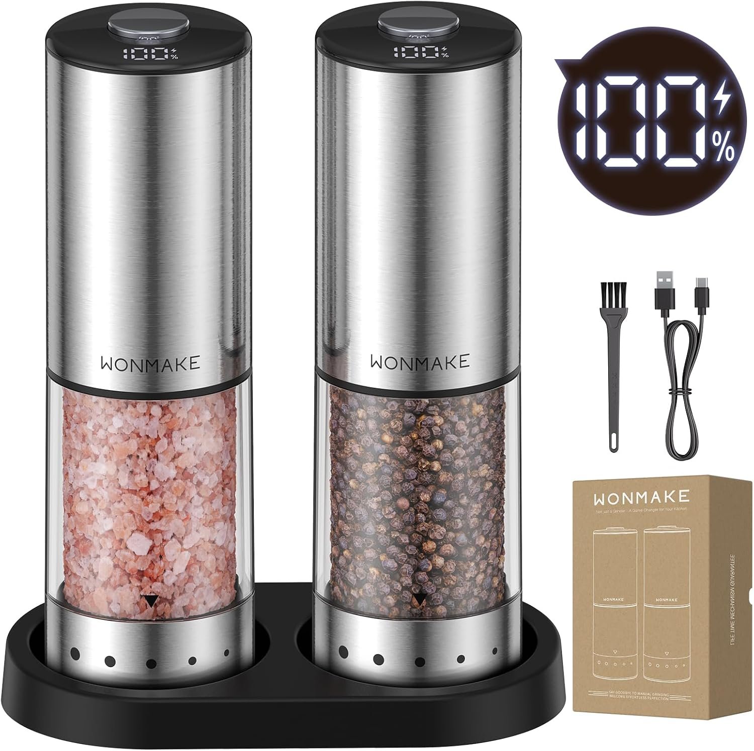 Electric Salt and Pepper Grinder Set with Storage Base, Type-C Rechargeable | LED Battery Level Indicator, 5 Adjustable Coarseness Levels, External Dial, Easy One-Hand Operation, Stainless Steel