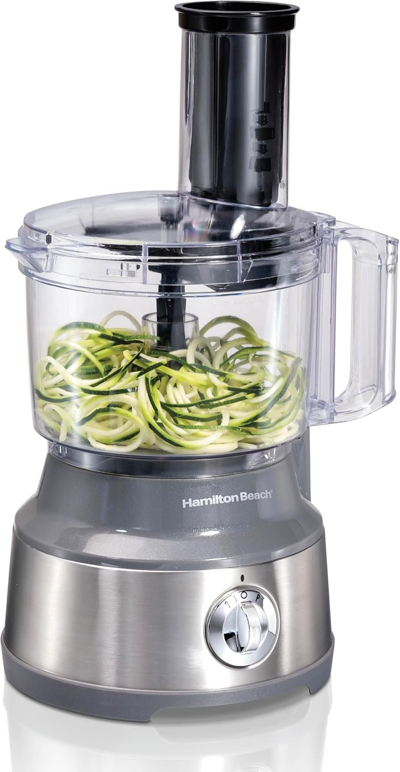 Hamilton Beach 10 Cup Food Processor & Vegetable Chopper | For Slicing, Shredding, Mincing, and Puree | Veggie Spiralizer Attachment | Grey and Stainless Steel | 70735