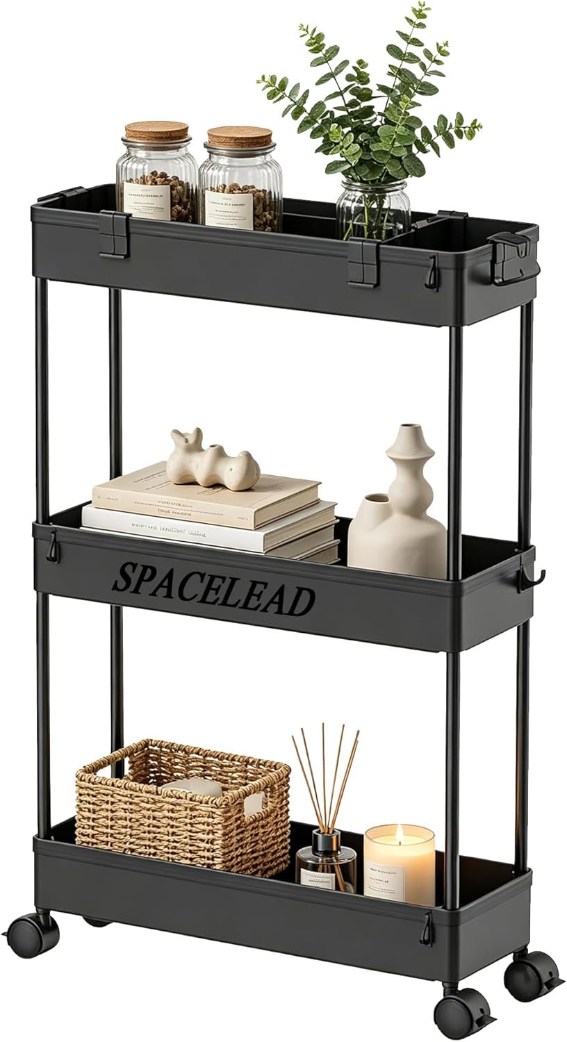 Slim Storage Cart 3 Tier,Bathroom Organizer Rolling Utility,Mobile Shelving Unit Slide Out for Office, Kitchen, Laundry Room & Narrow Places,Black