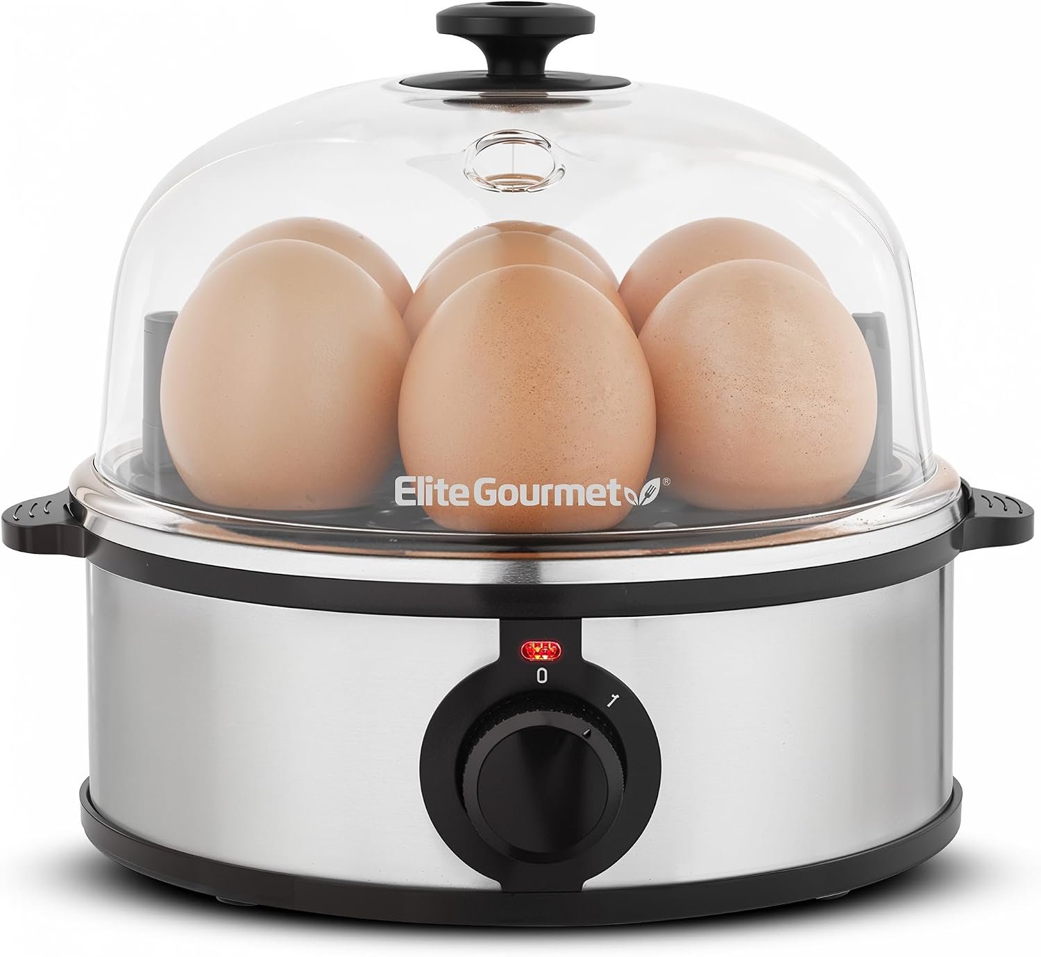 Elite Gourmet EGC724SS Egg Boiler Cooker, 7-Egg Poacher/Omelet Maker, Steel | Cooks soft, medium, or hard-boiled eggs, also scrambles – auto shut-off with buzzer – measuring cup included – BPA-free