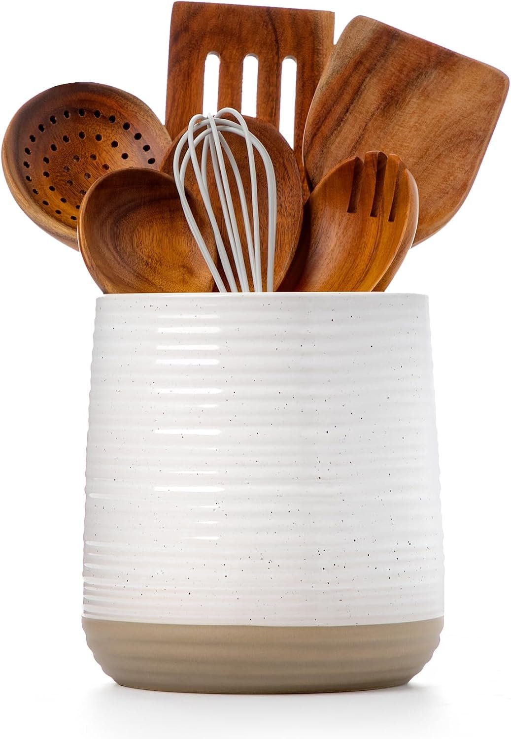 6.8″ Large Ceramic Kitchen Utensil Holder | Utensil Holder for Kitchen Counter, Modern Farmhouse Style Holder for Spoons, Spatulas & Cooking Tools (White)