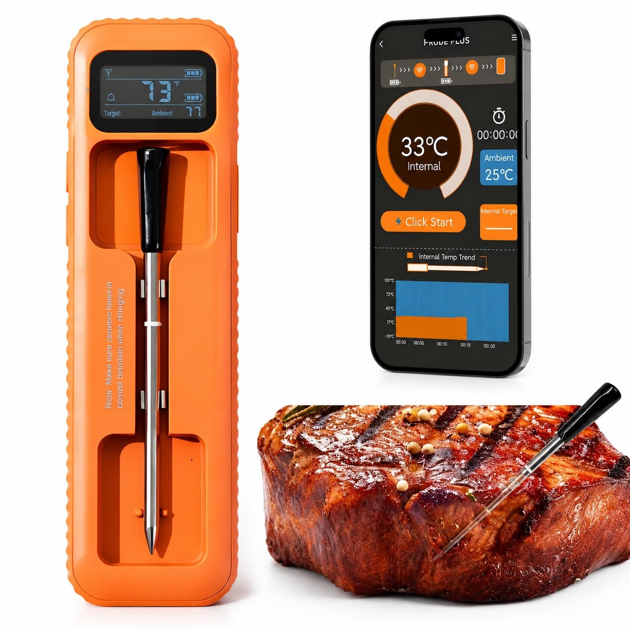 Bluetooth Meat Thermometer Wireless for Grill BBQ Oven, Upgraded Probe | 130FT Stable signal | ±1°F Accurate Digital | Wifi App Control | IP67 Waterproof | Rechargeable | For Steak Chicken Turkey
