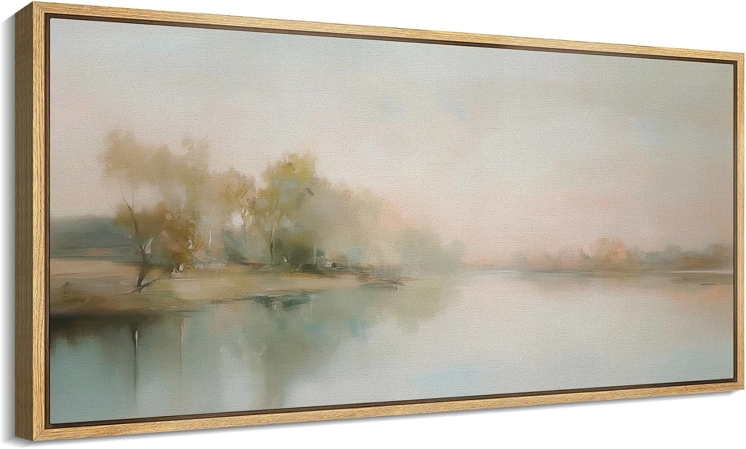 SIGNFORD Extra Large Framed Canvas Print Wall Art Misty Lake Sunrise Soft Pastel Landscape Illustrations Modern Art Calm Warm for Living Room, Bedroom, Office Office – 60″x30″ Natural