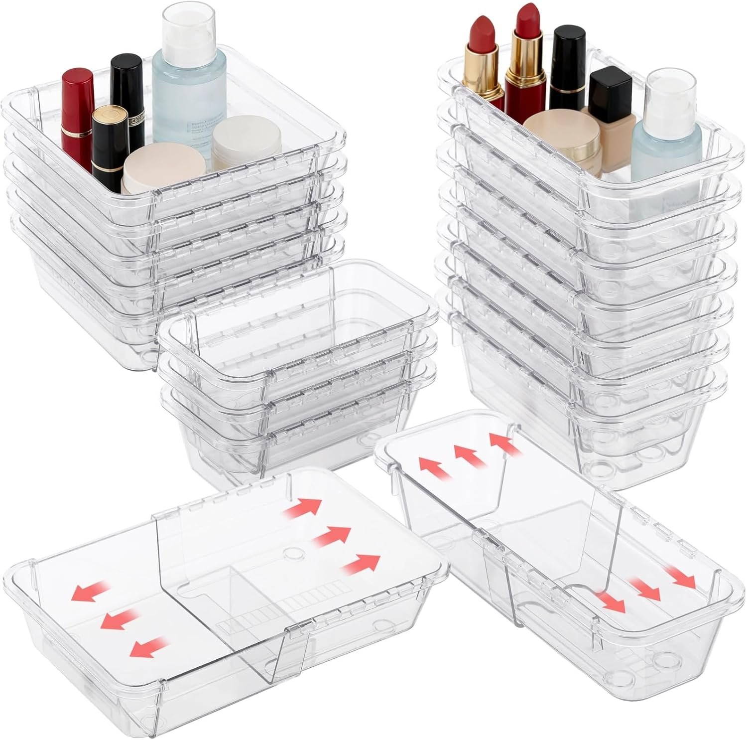 15 Pcs Extendable Clear Bathroom Drawer Organizer Trays 2-Size Adjustable Vanity Storage Box for Makeup Cosmetic Bedroom and Gadgets