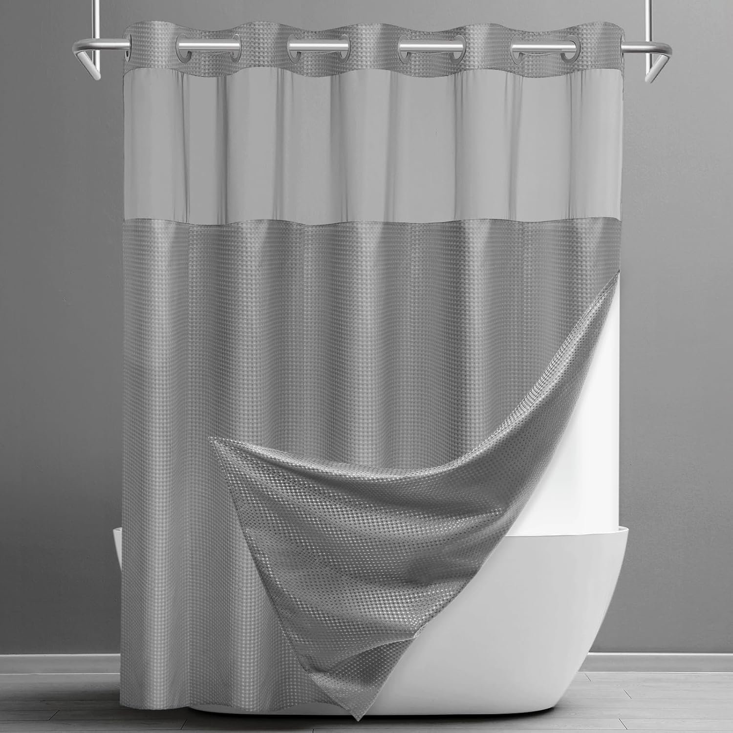SORTTO No Hook Shower Curtain with Snap in Liner Set Waffle Shower Curtain for Bathroom Hotel Style Fabric Waterproof Inner Liner，71″ W x 74″ H, Grey