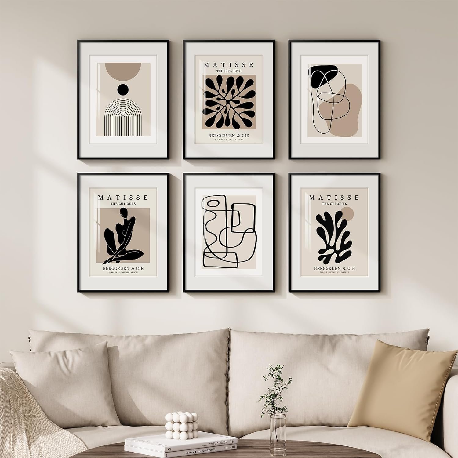 Framed Neutral Abstract Wall Art for Living Room, Set of 6 Minimalist Black Beige Prints Artwork for Walls, Modern Matisse and Geometric Pictures for Bedroom Dining Room Bathroom Wall Decor 11×14 In