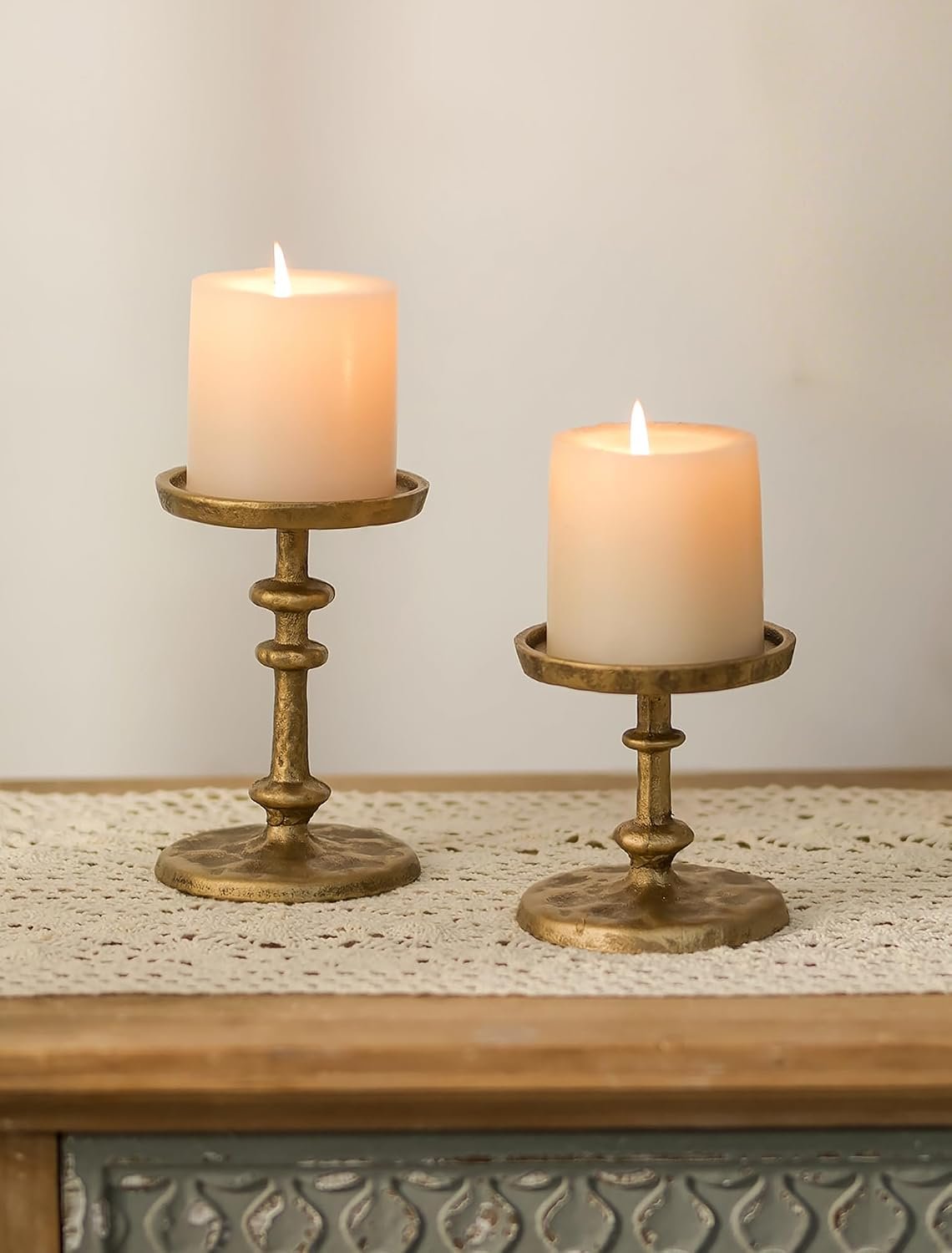 NUPTIO Gold Candle Holders for Pillar: Antique Brass Cast Iron Candle Stand | Handcrafted Hammered Decor for 3 Inch Pillars, Heavy Metal Centerpiece for Christmas Party Table Fireplace