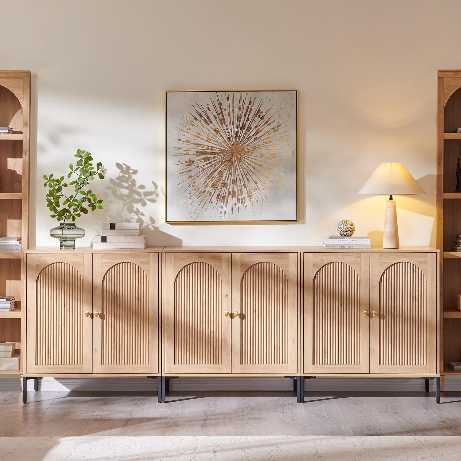 IFGET 92.63″ W Modern Arched Sideboard Buffet Cabinet with Storage, Natural